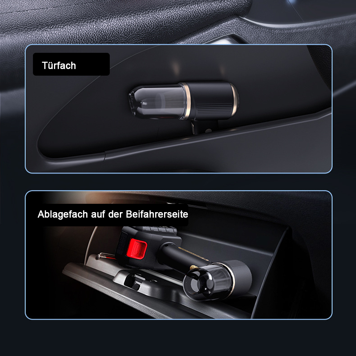 Schwarzer Auto-Lufterfrischer in Türfach und Handschuhfach.
