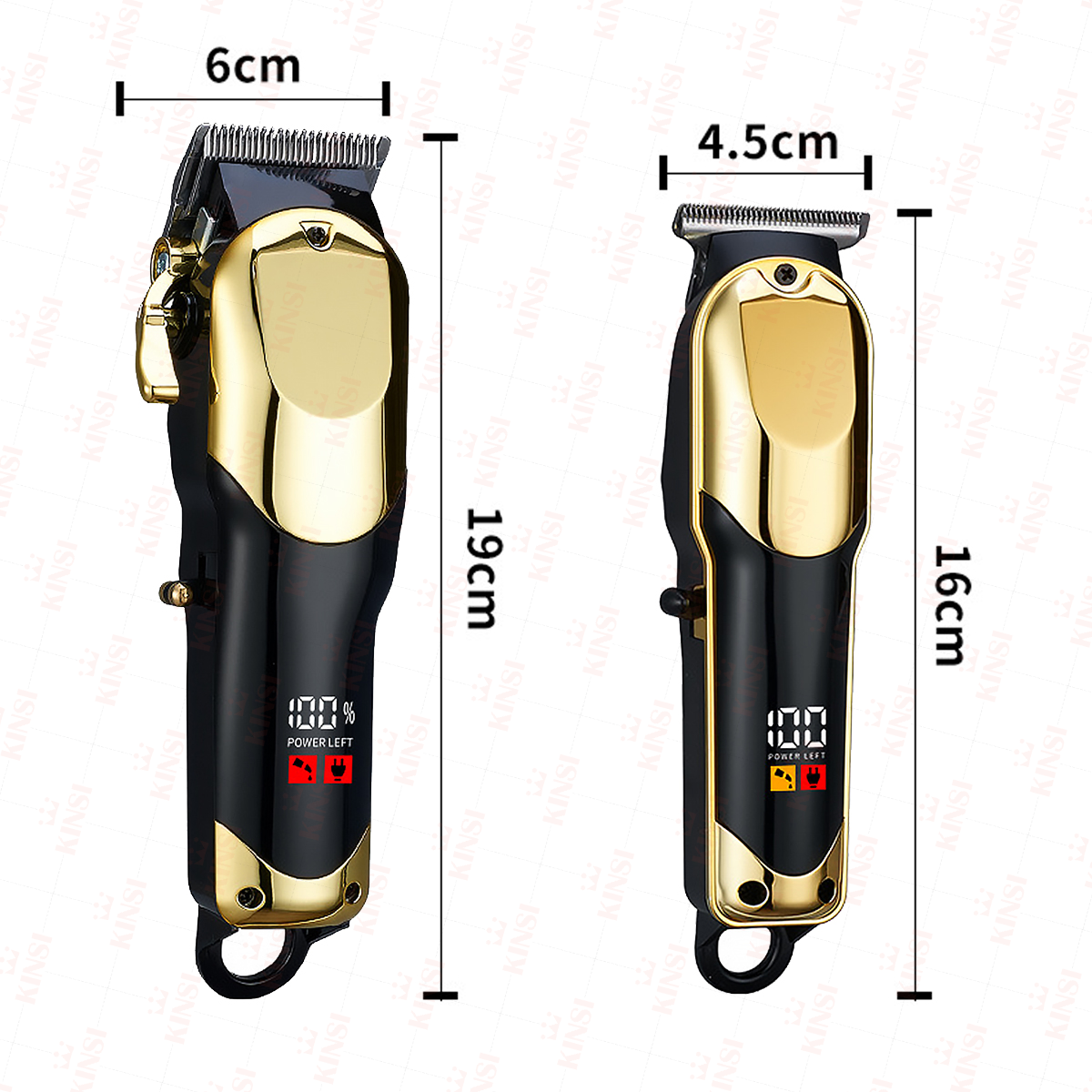 Zwei schwarze und goldene Haarschneidemaschinen, eine 19cm, die andere 16cm.