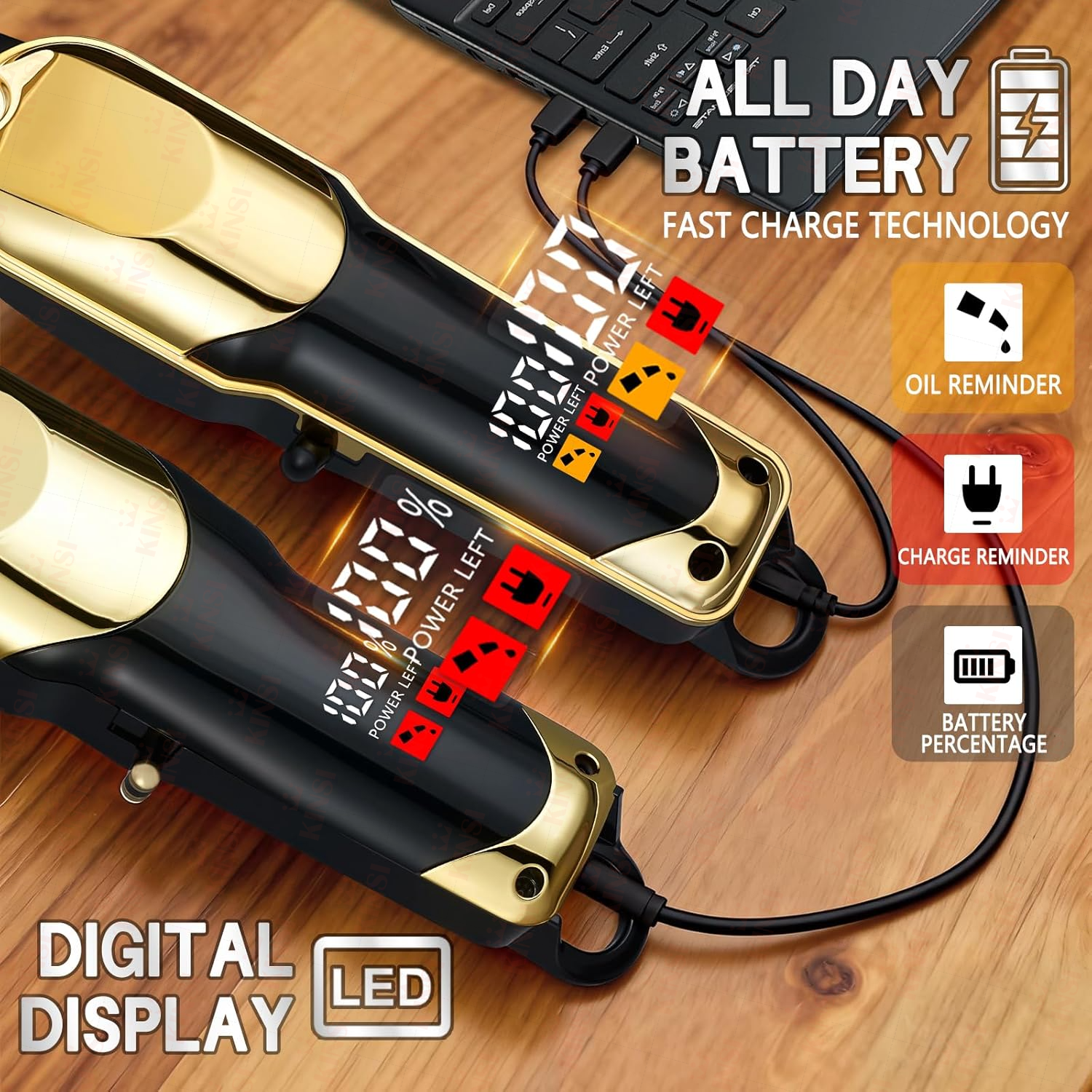 Zwei gold-schwarze Haarschneider mit Digitalanzeigen zeigen Ladestände. An Laptop angeschlossen.