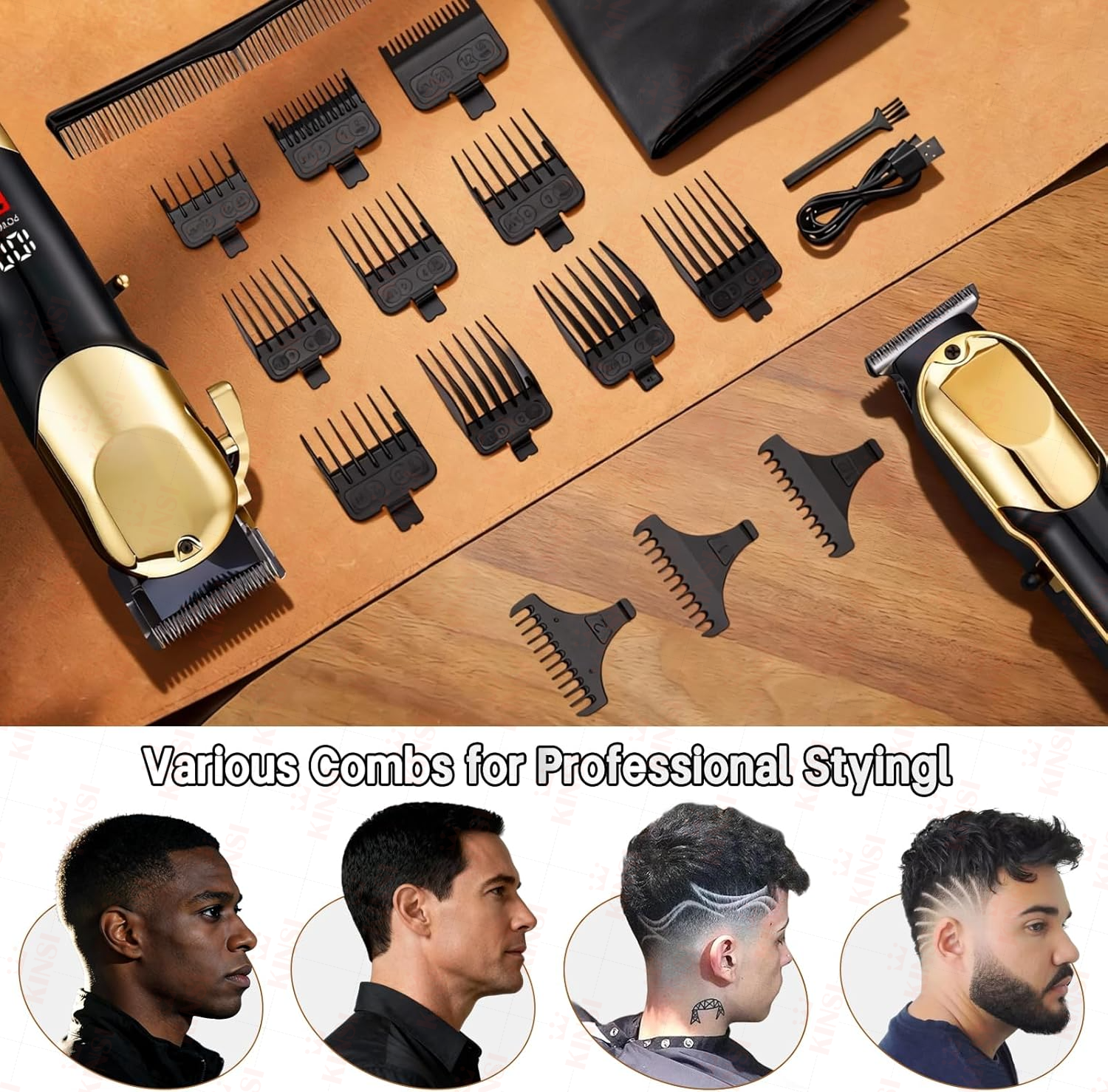 Haarschneider-Set mit Aufsätzen, Ladegerät und Kämmen. Männerfrisuren gezeigt.