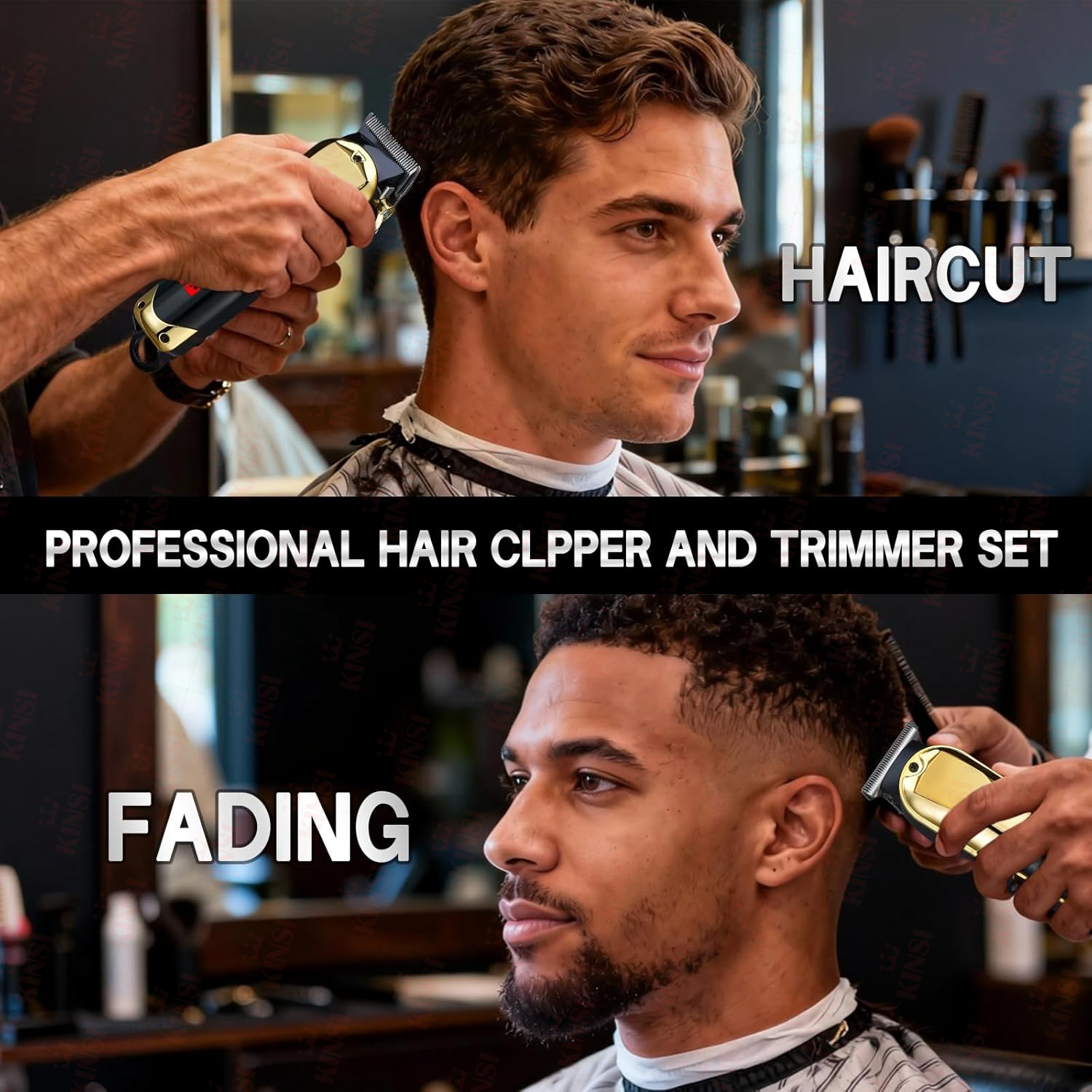 Zwei Männer bekommen Haarschnitte. Oben: Friseur schneidet Haare. Unten: Friseur verblendet Haare.