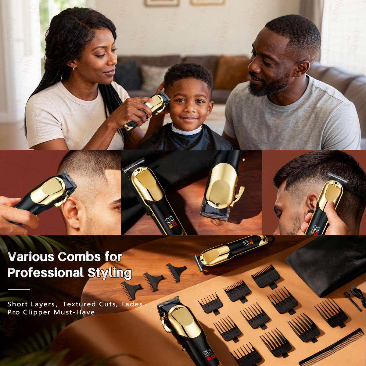 Familie mit Haarschneidemaschine, Nahaufnahmen der Klingen und Kämme für professionelles Styling.