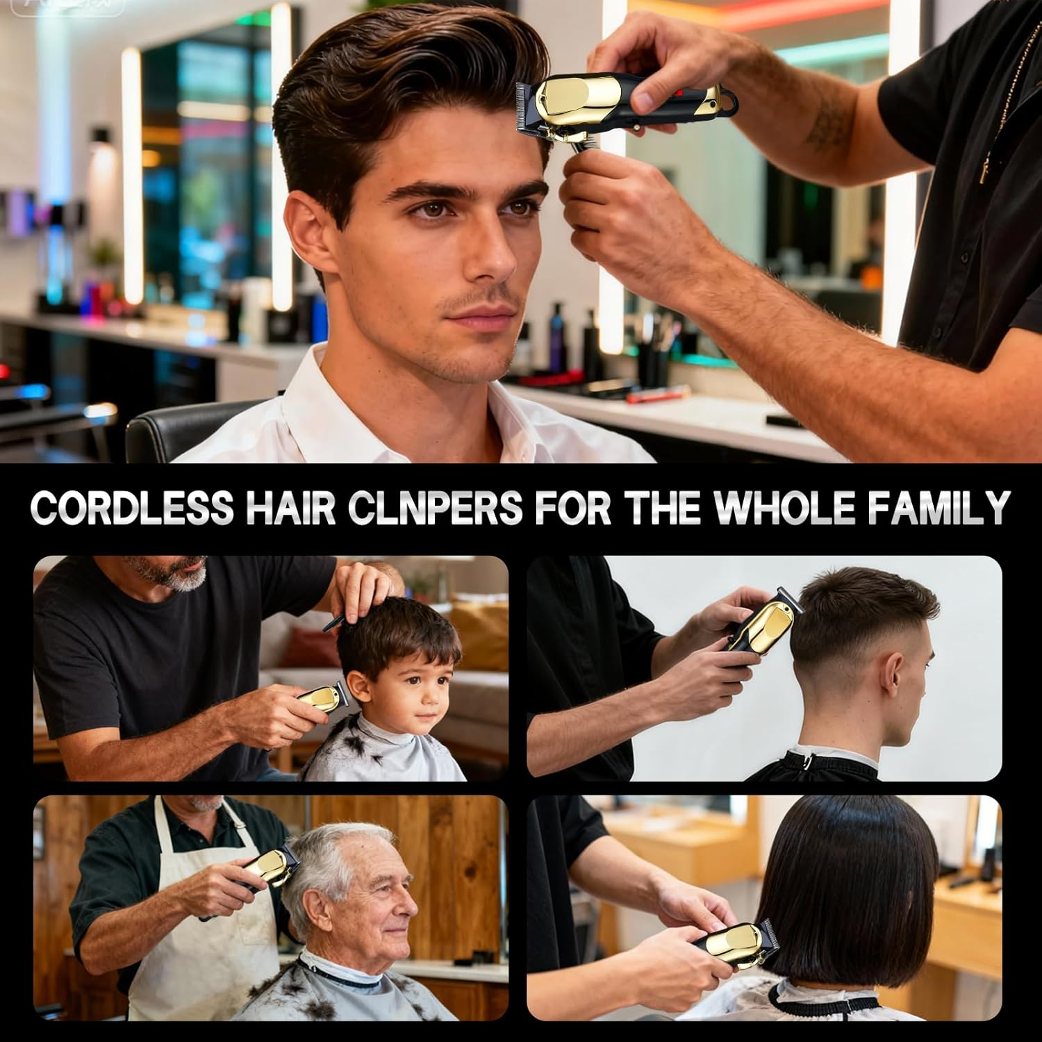 Friseur schneidet das Haar eines Mannes, dann eines Kindes, eines erwachsenen Mannes und einer Frau.