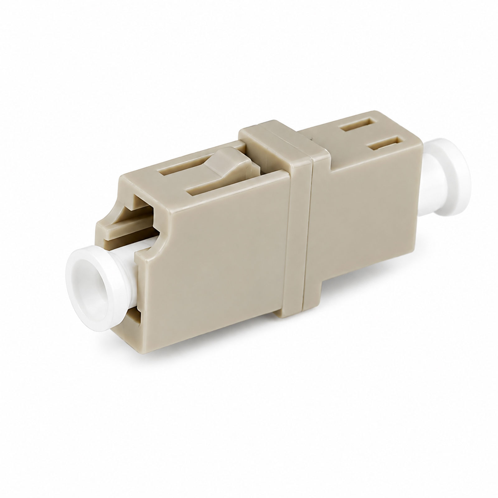 Ein beiger Adapter mit weißem Stecker und Verriegelungshebel auf weißem Hintergrund.