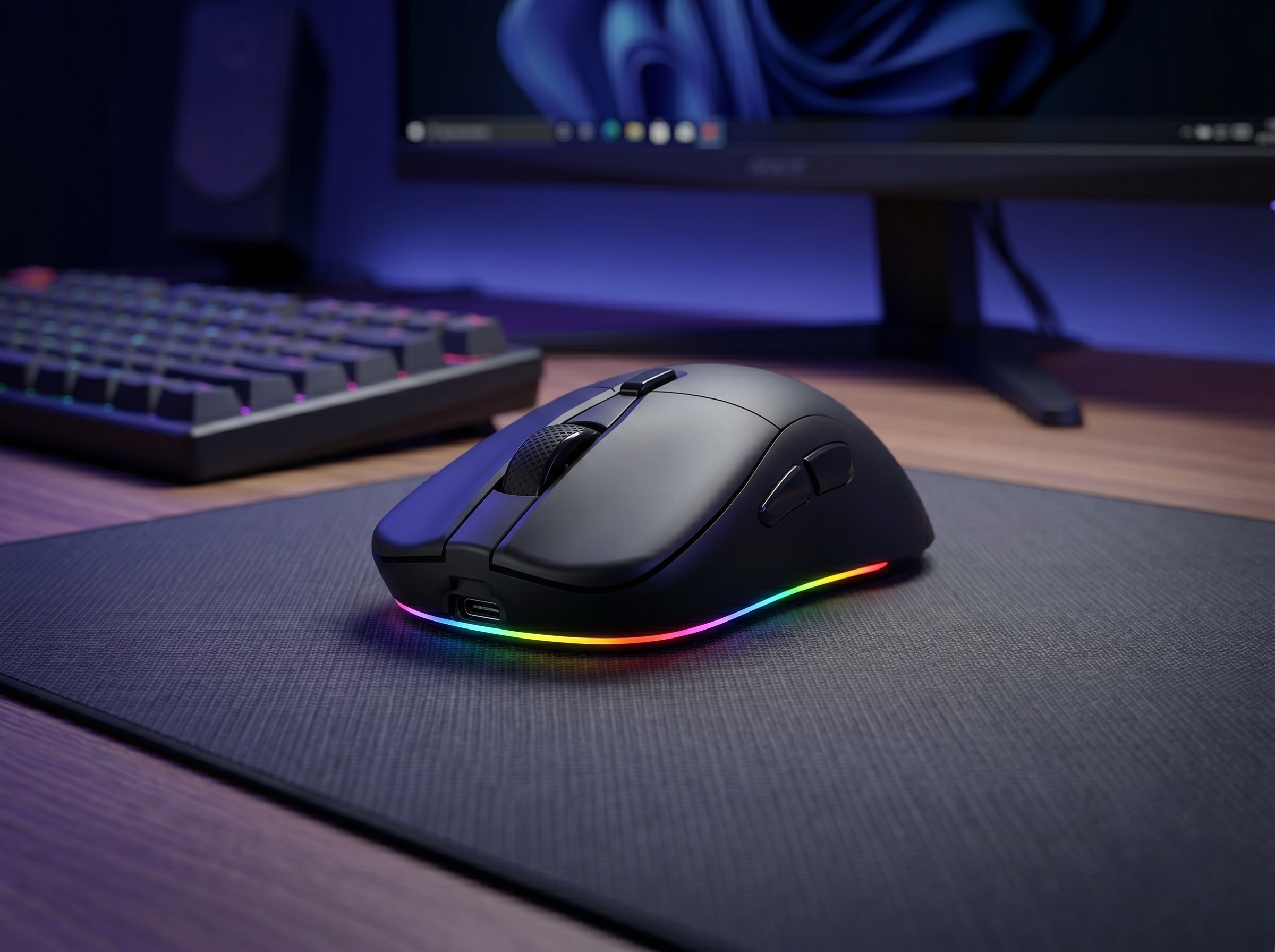 Eine schwarze Gaming-Maus mit RGB-Beleuchtung liegt auf einer Matte. Tastatur und Monitor im Hintergrund.