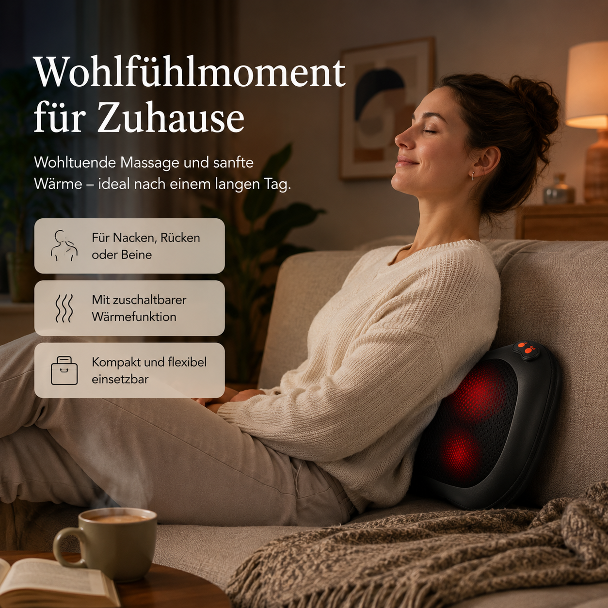 Frau entspannt auf Sofa mit Massagegerät am Rücken und Tasse Kaffee neben Buch.