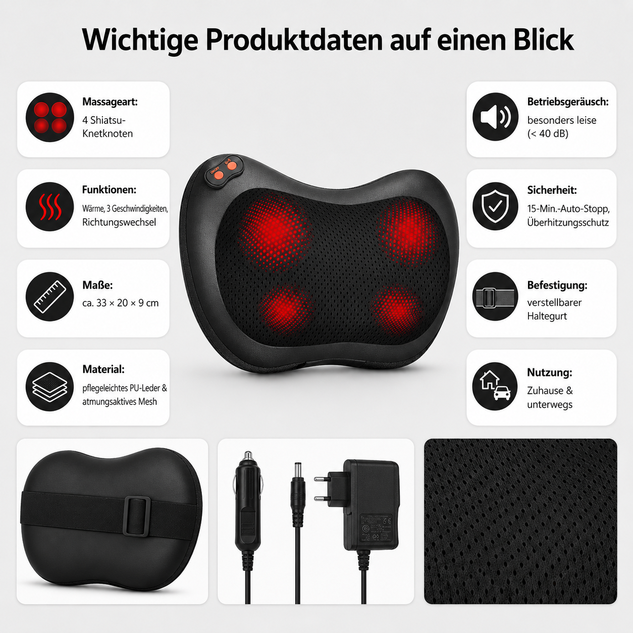 Ein schwarzes Massagekissen mit roten Lichtern und Produktmerkmalen.