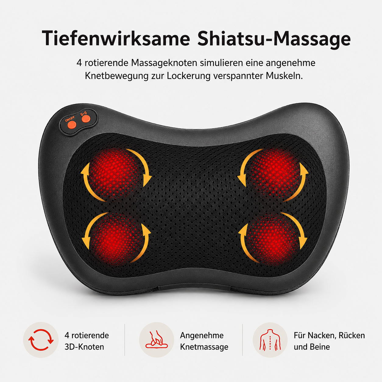 Ein schwarzes Massagekissen mit vier leuchtend roten rotierenden Massageknoten.