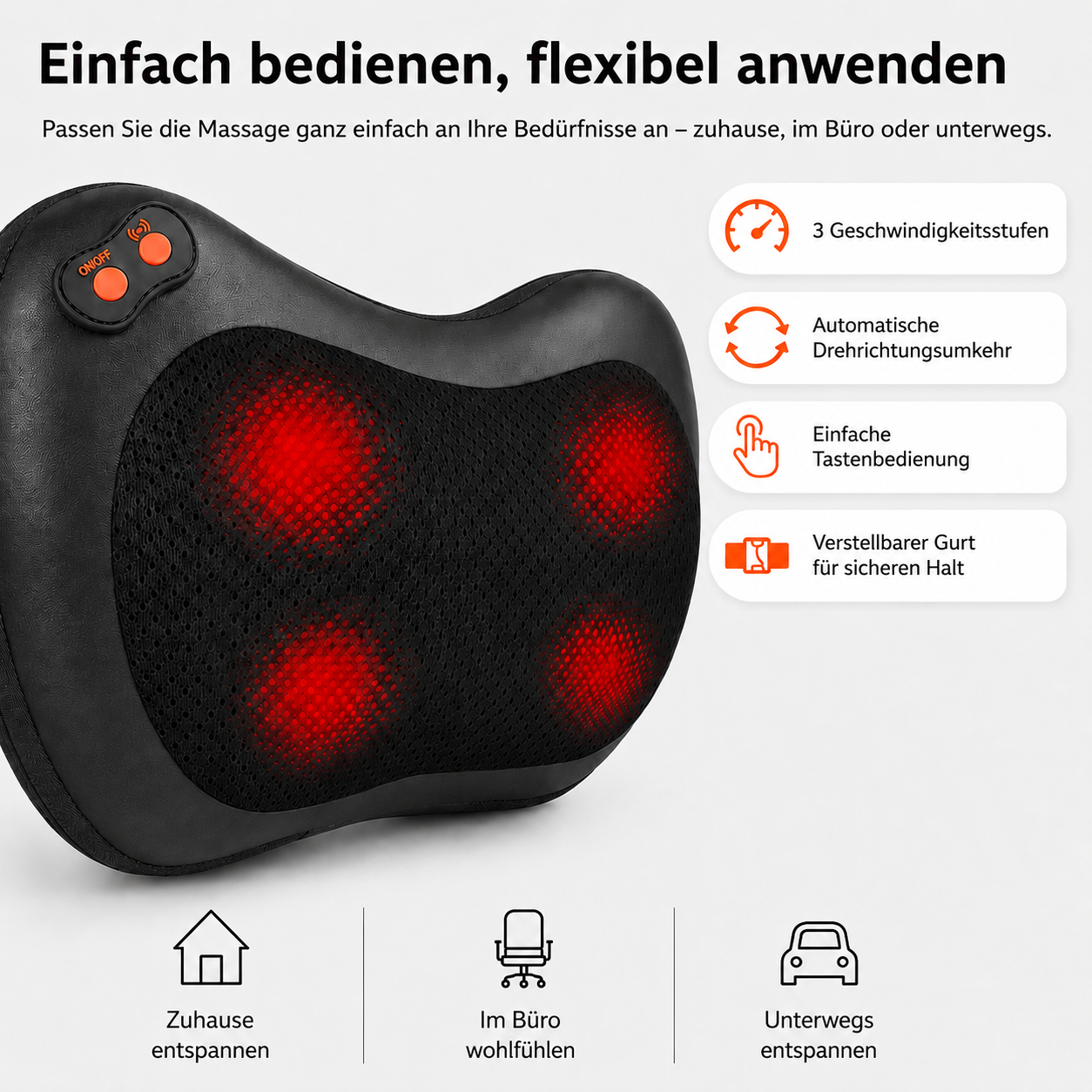 Schwarze Massagekissen mit roten Heizelementen und Bedienelementen.