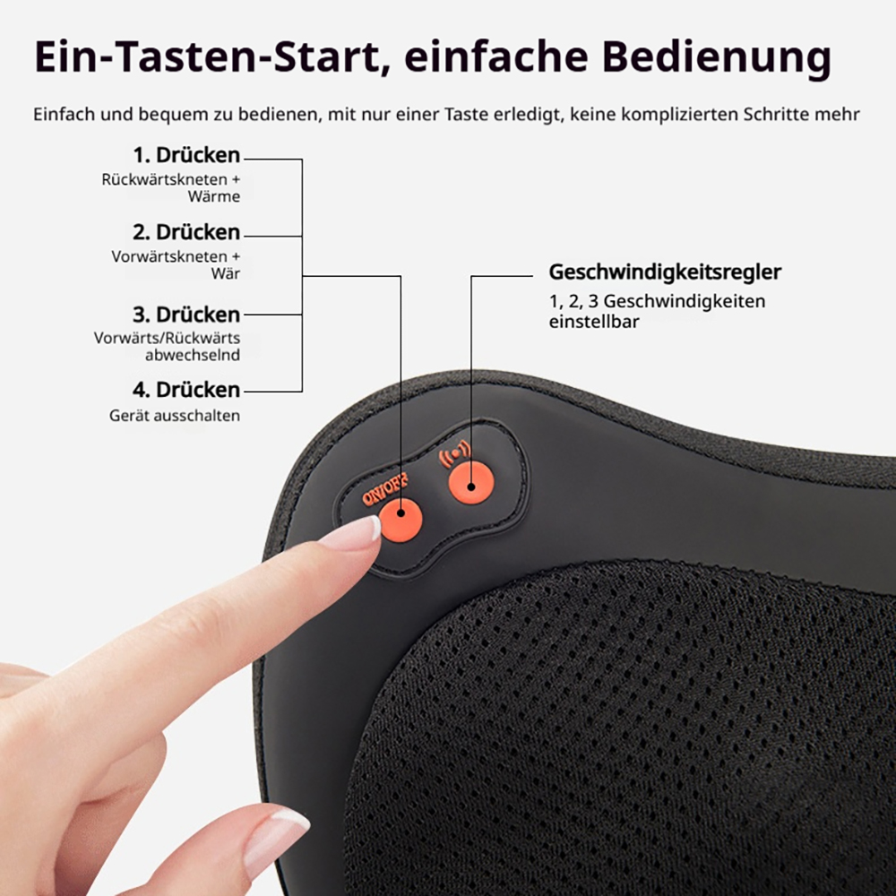 Eine Hand drückt einen Knopf auf einem Massagegerät. Anleitungen sind auf Deutsch.