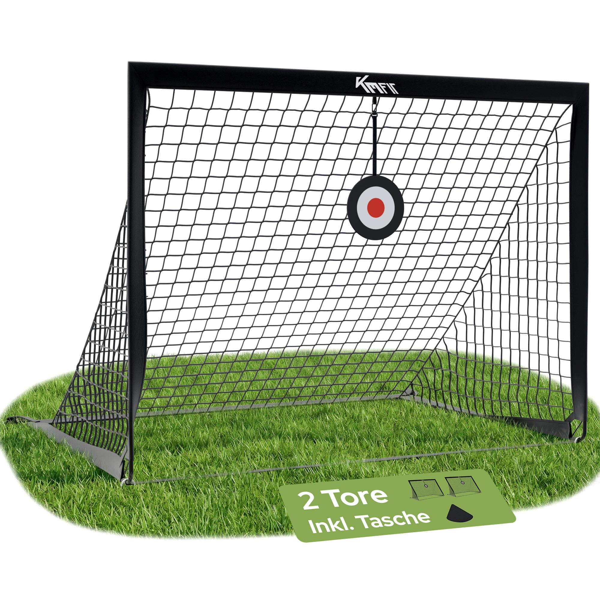 Ein schwarzes Fußballtor mit Netz und Zielscheibe auf grünem Gras.
