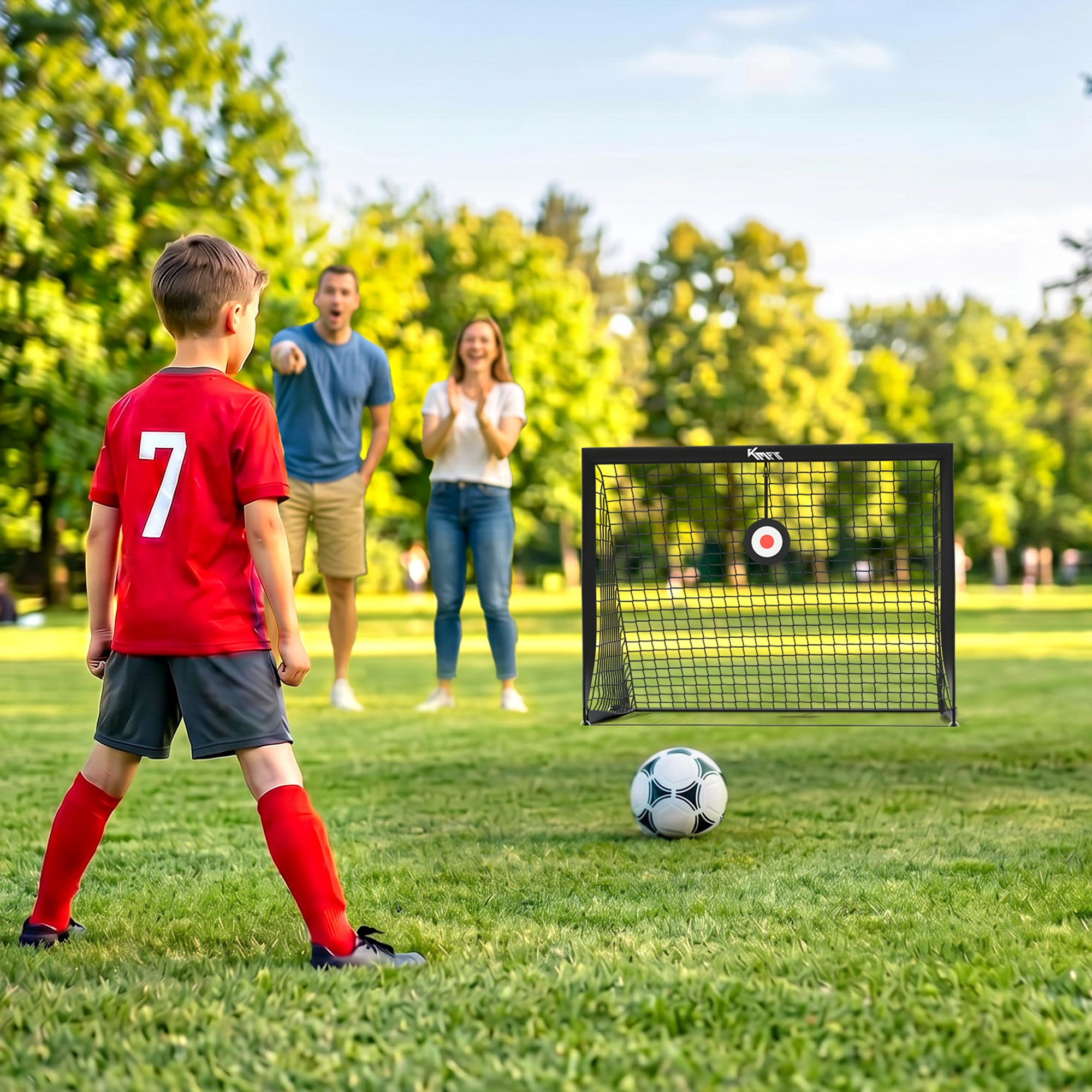 Ein Junge im roten Trikot spielt Fuball mit Eltern im Hintergrund.
