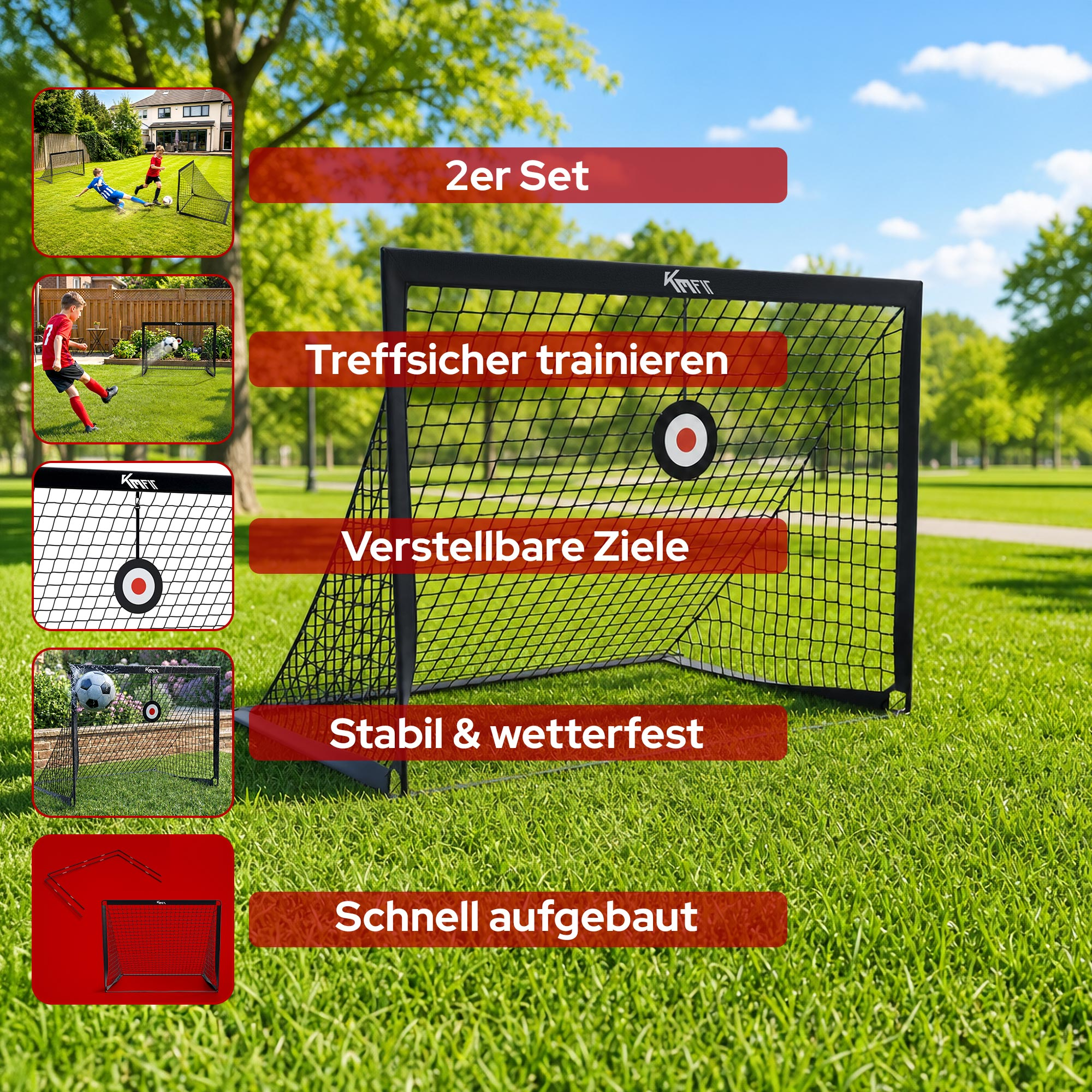 Fußballtor mit Zielscheibe und Kindern im Garten. 2er Set.