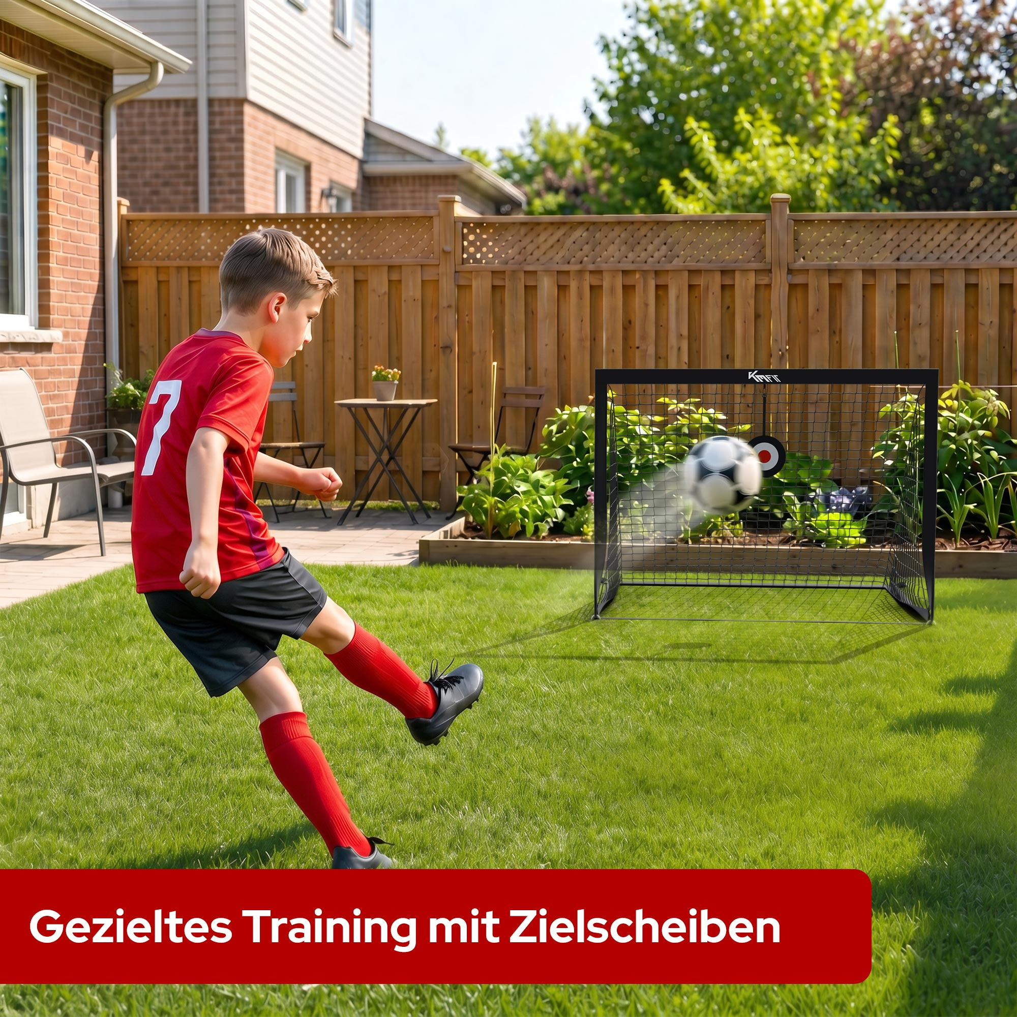 Ein Junge in Rot schießt einen Fußball in ein Tor mit Zielscheibe.