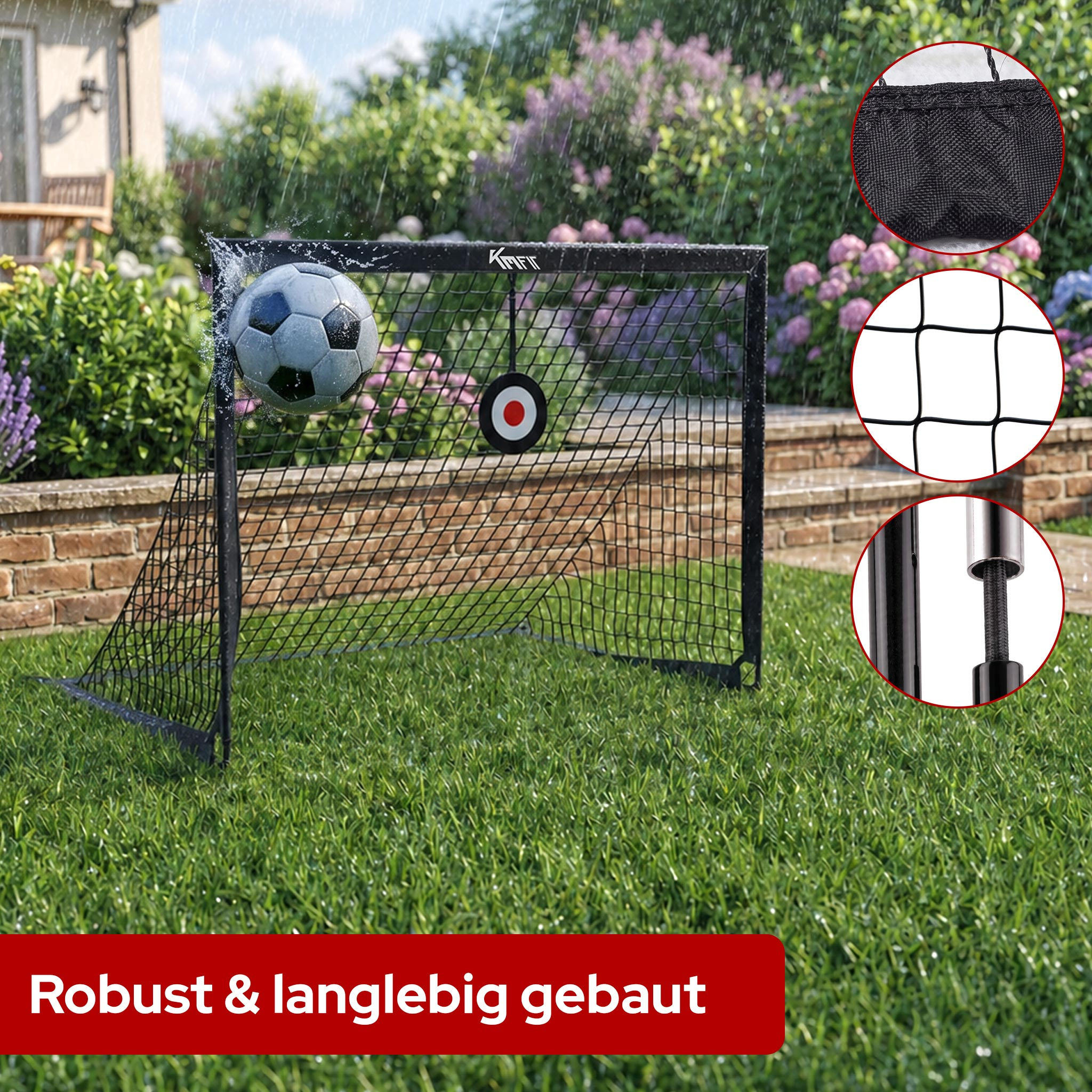 Fußballtor mit Ball im Regen, Zielscheibe und Detailaufnahmen des Netzes.
