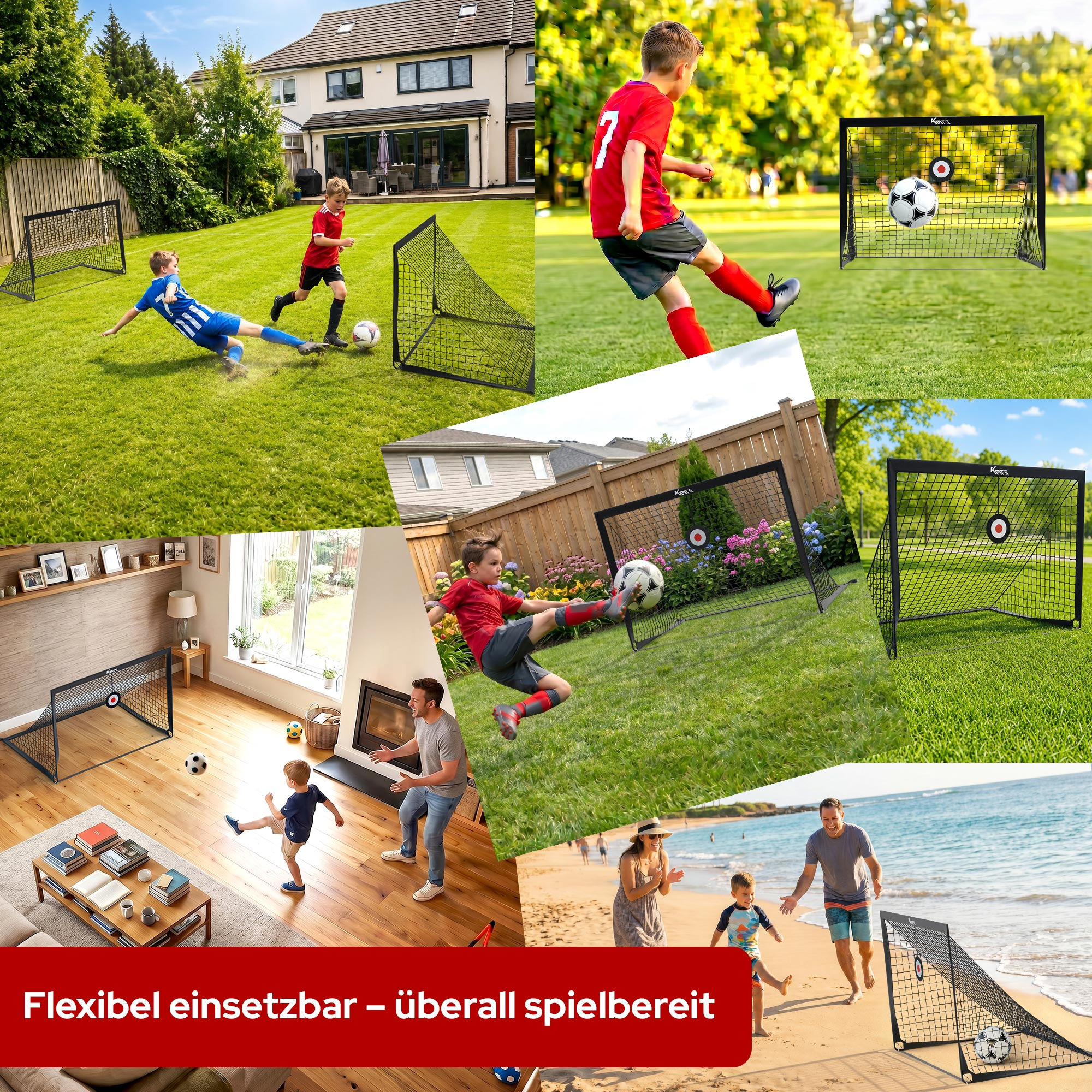 Kinder spielen Fußball im Garten, im Haus und am Strand.