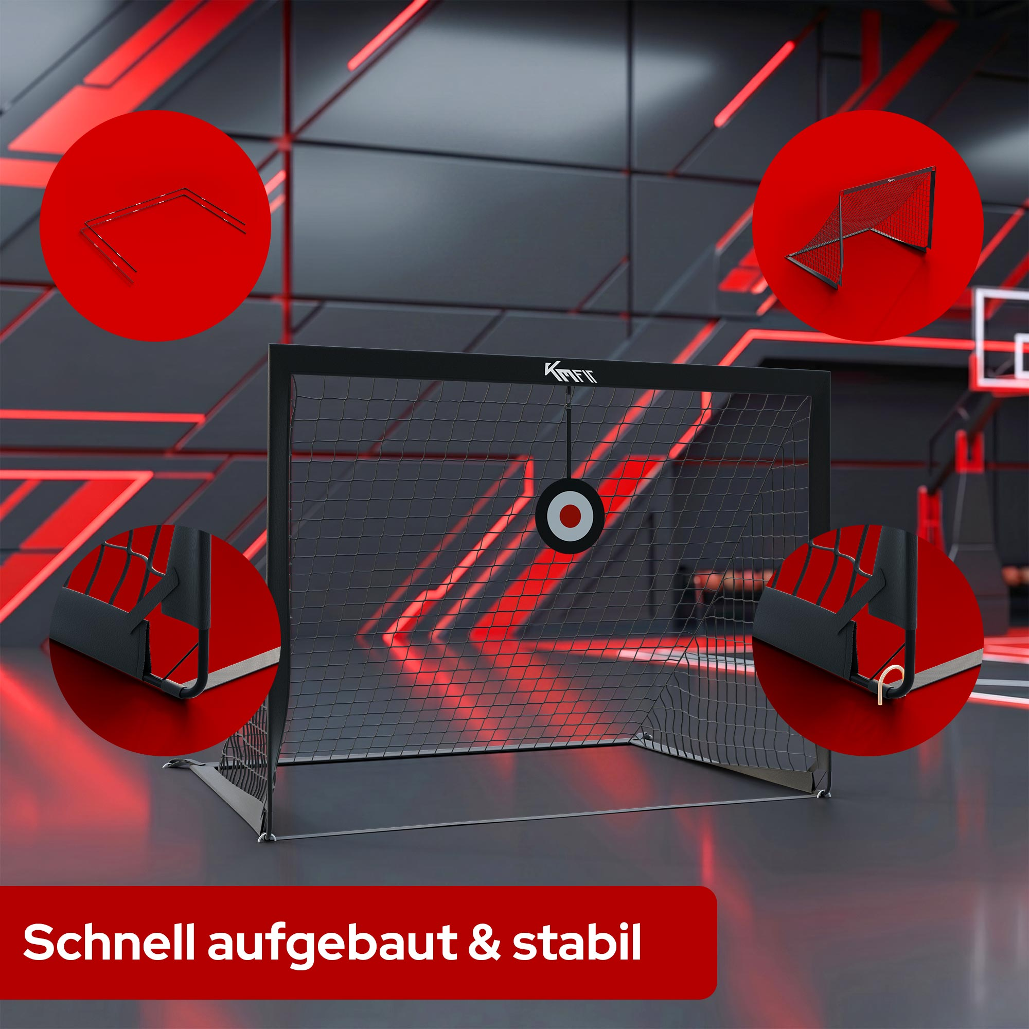 Fußballtor mit Zielscheibe, Details von Teilen und roter Hintergrundbeleuchtung.