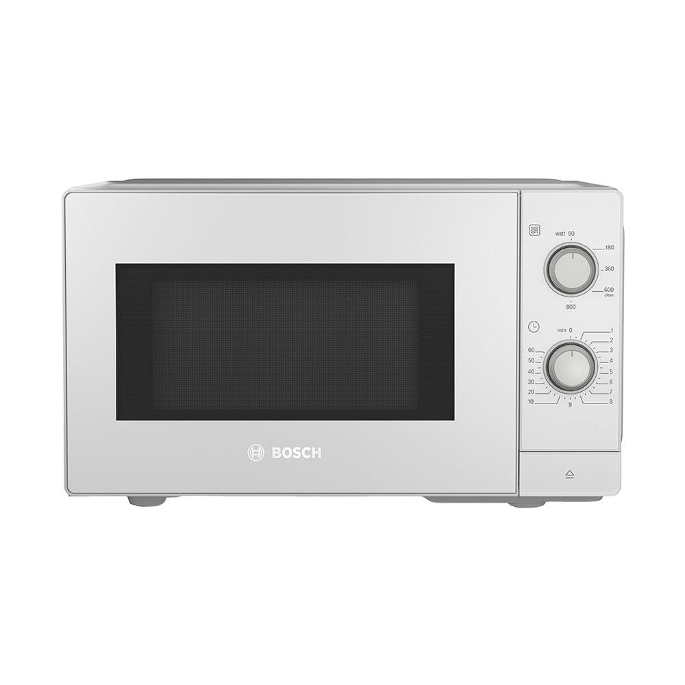 Un micro-ondes blanc Bosch avec une porte noire et deux molettes.