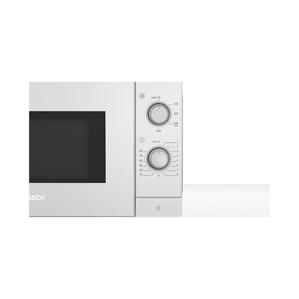 Micro-ondes blanc avec molettes pour puissance et temps. Porte noire.