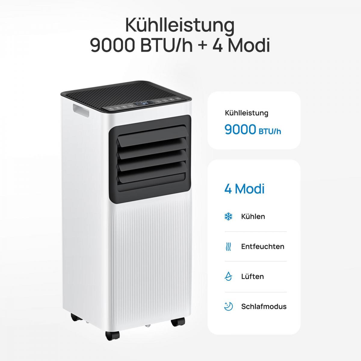 Ein weißer mobile Klimaanlage mit 9000 BTU/h und 4 Modi: Kühlen, Entfeuchten, Lüften, Schlafmodus.