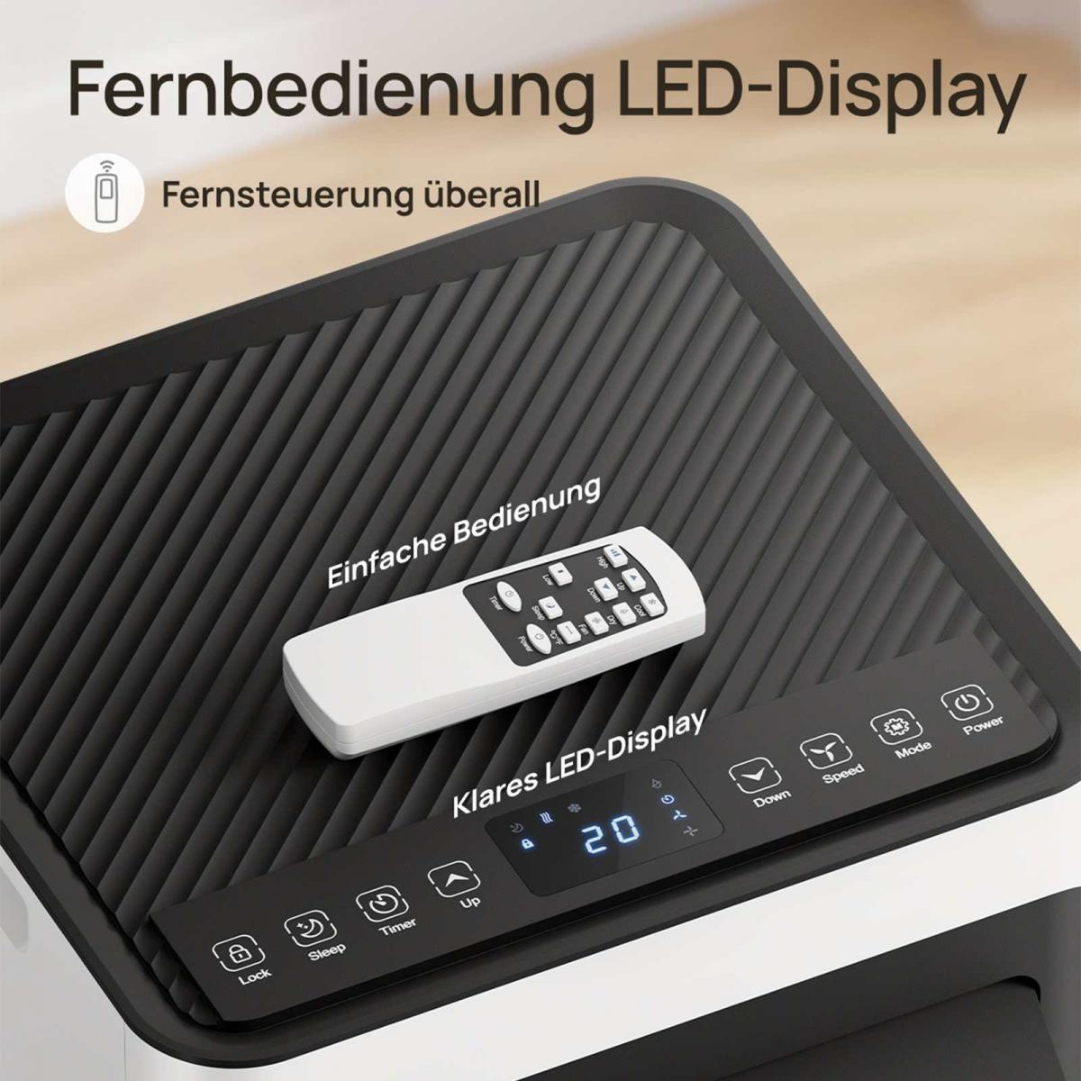 Weiße Fernbedienung liegt auf schwarzer Oberfläche mit LED-Display.