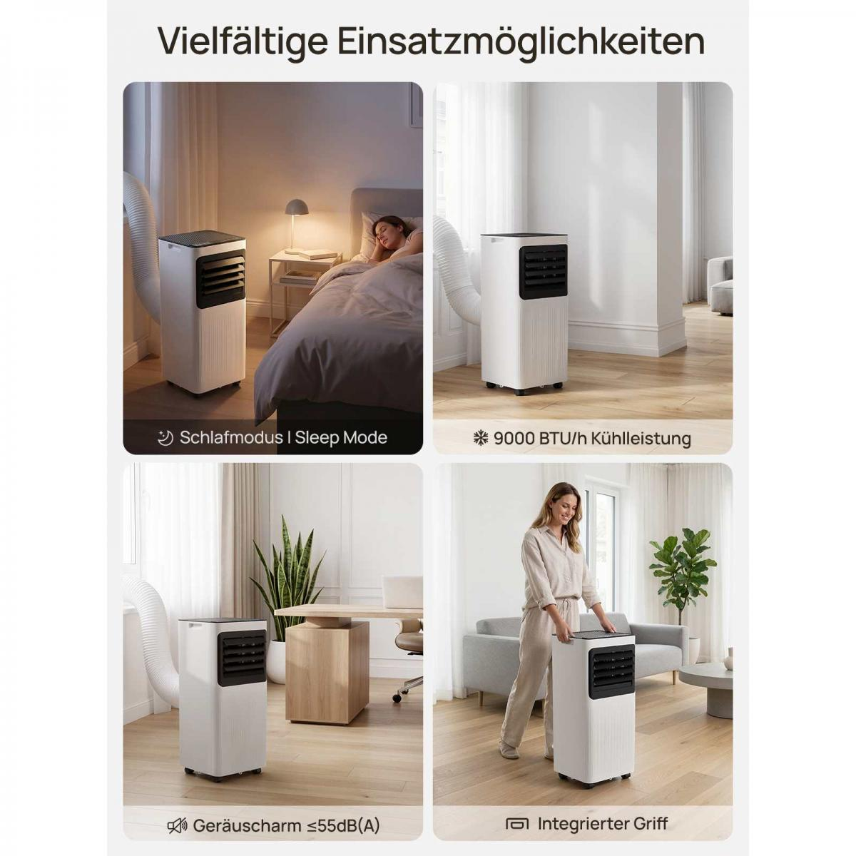 Vier Bilder zeigen einen weißen mobilen Klimaanlagen-Zylinder in verschiedenen Räumen.