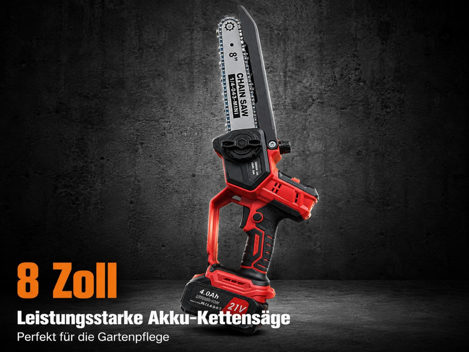 Eine rote und schwarze Akku-Kettensäge mit 8-Zoll-Schiene, steht auf dunklem Untergrund.