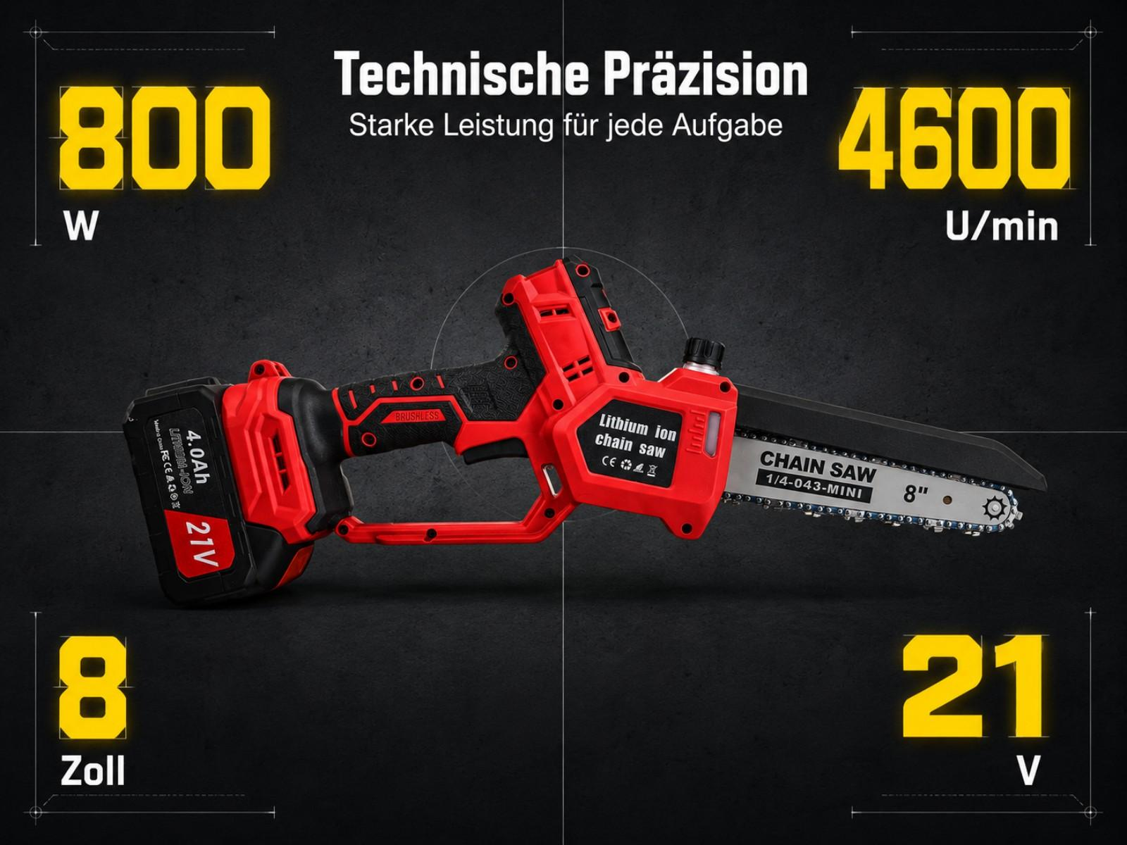 Rote Kettensäge mit 8" Schwert, 800W, 4600 U/min, 21V, 4.0Ah Akku.