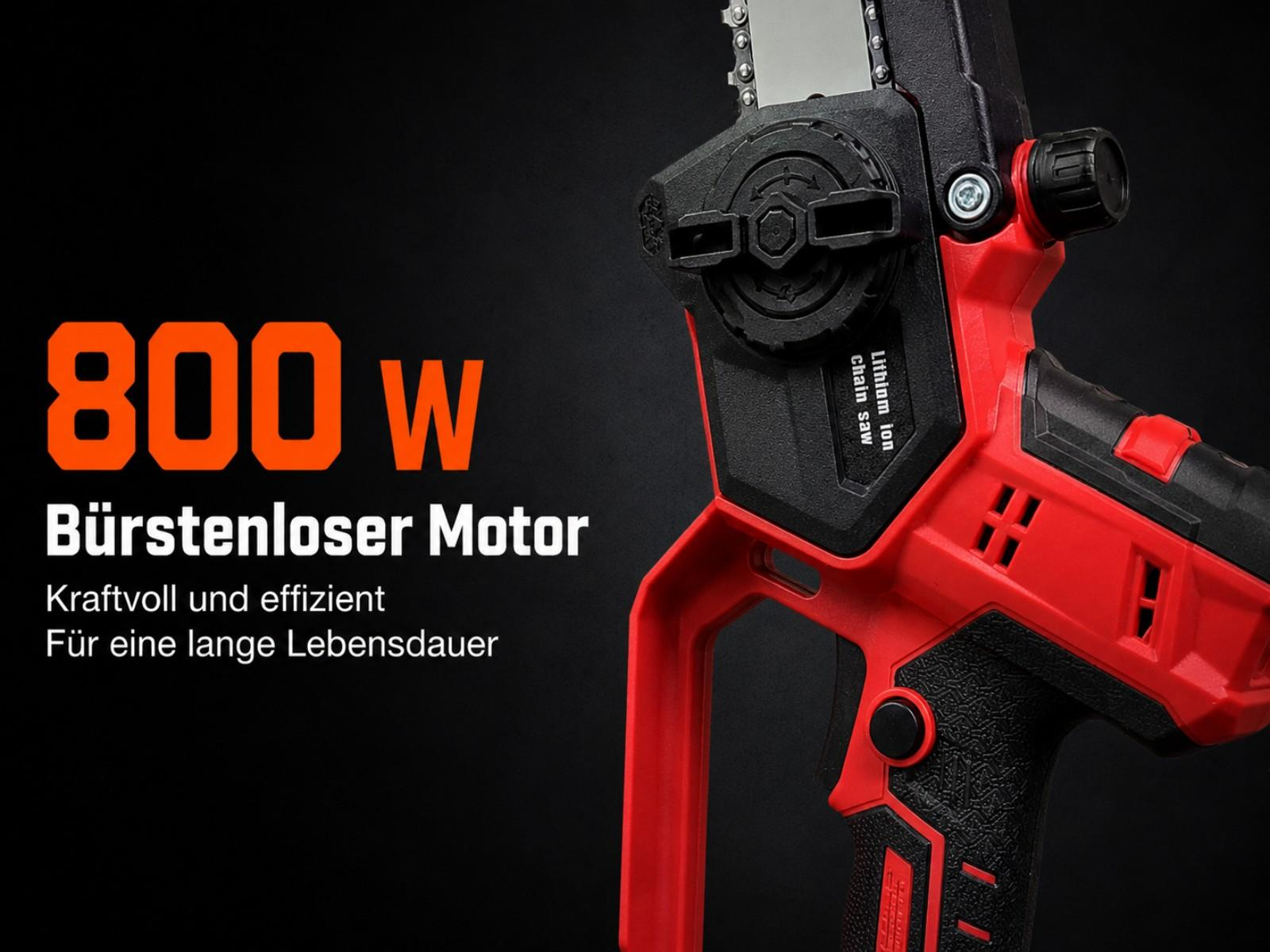 Rote und schwarze Kettensäge mit 800W bürstenlosem Motor.