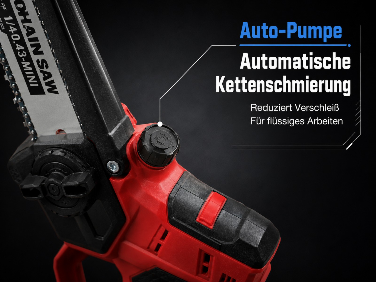 Nahaufnahme einer roten und schwarzen Kettensäge mit automatischer Kettenschmierung.