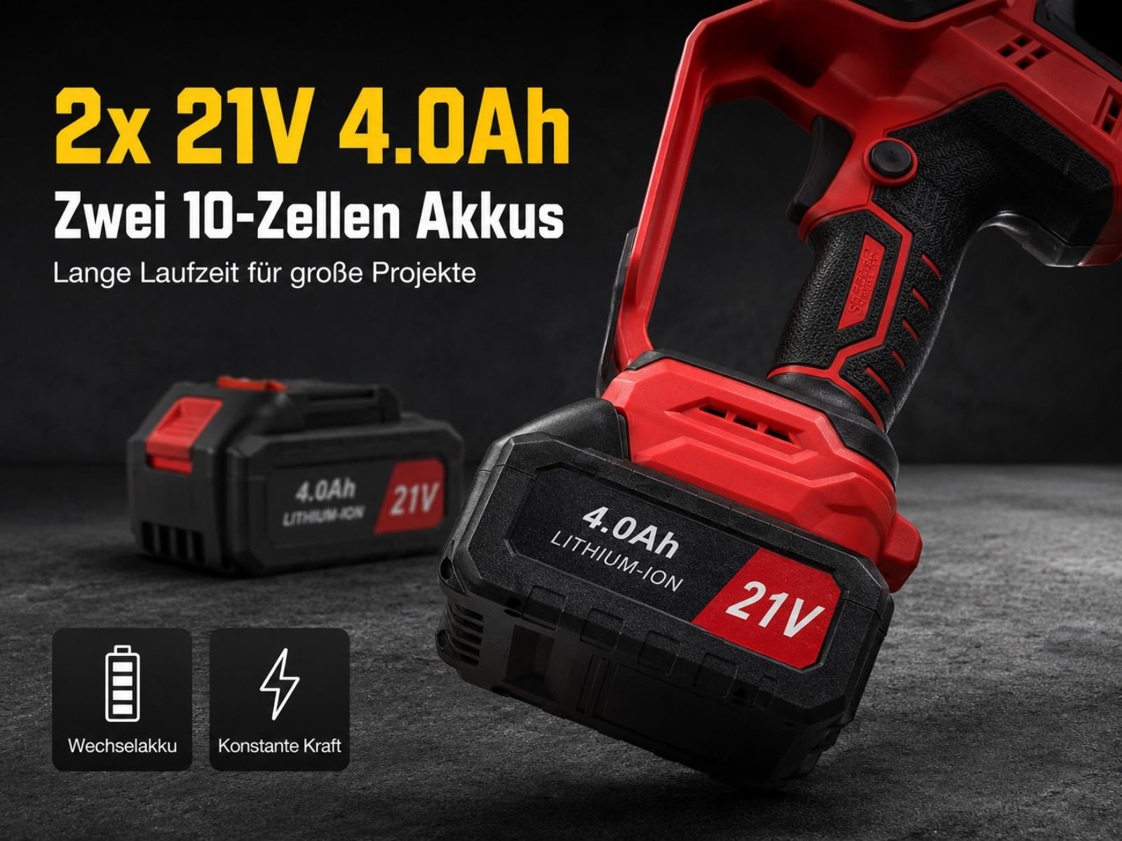 Zwei rote und schwarze 21V 4.0Ah Akkus für Werkzeuge. Nahaufnahme.