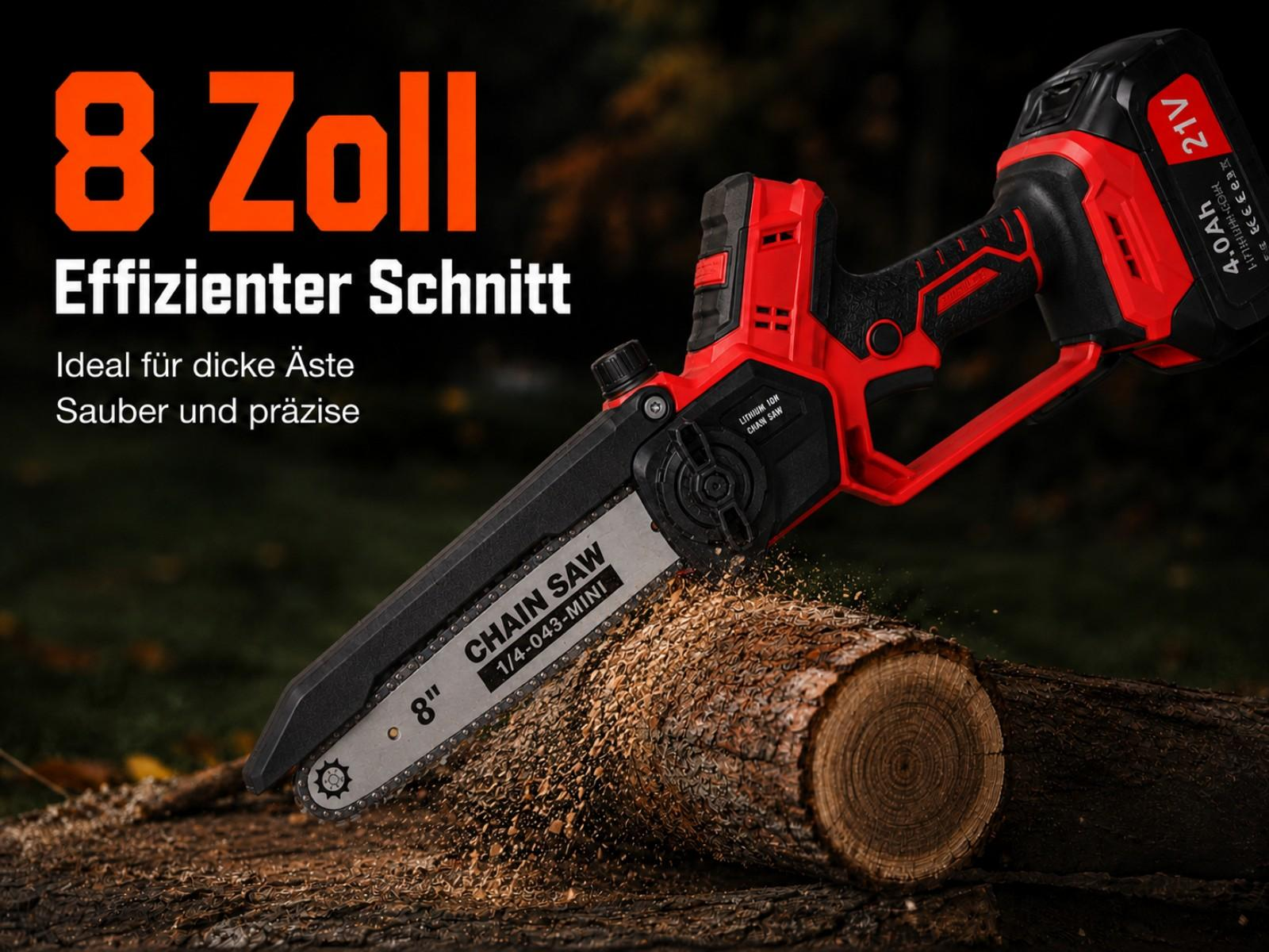 Eine rote und schwarze Kettensäge schneidet Holz, mit Text über Schnittgröße.