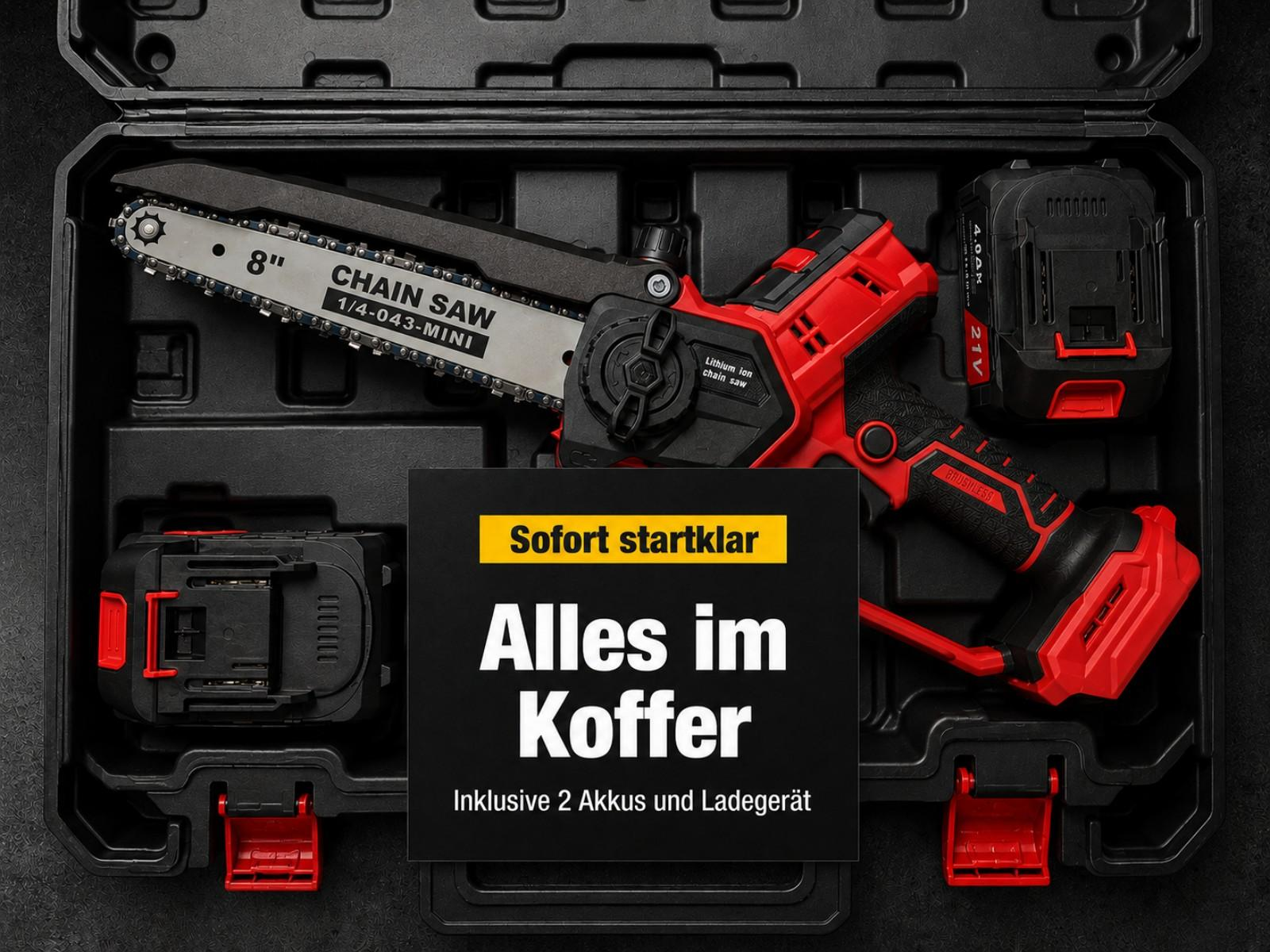Kompakt-Kettensäge mit Akkus und Ladegerät im Koffer.
