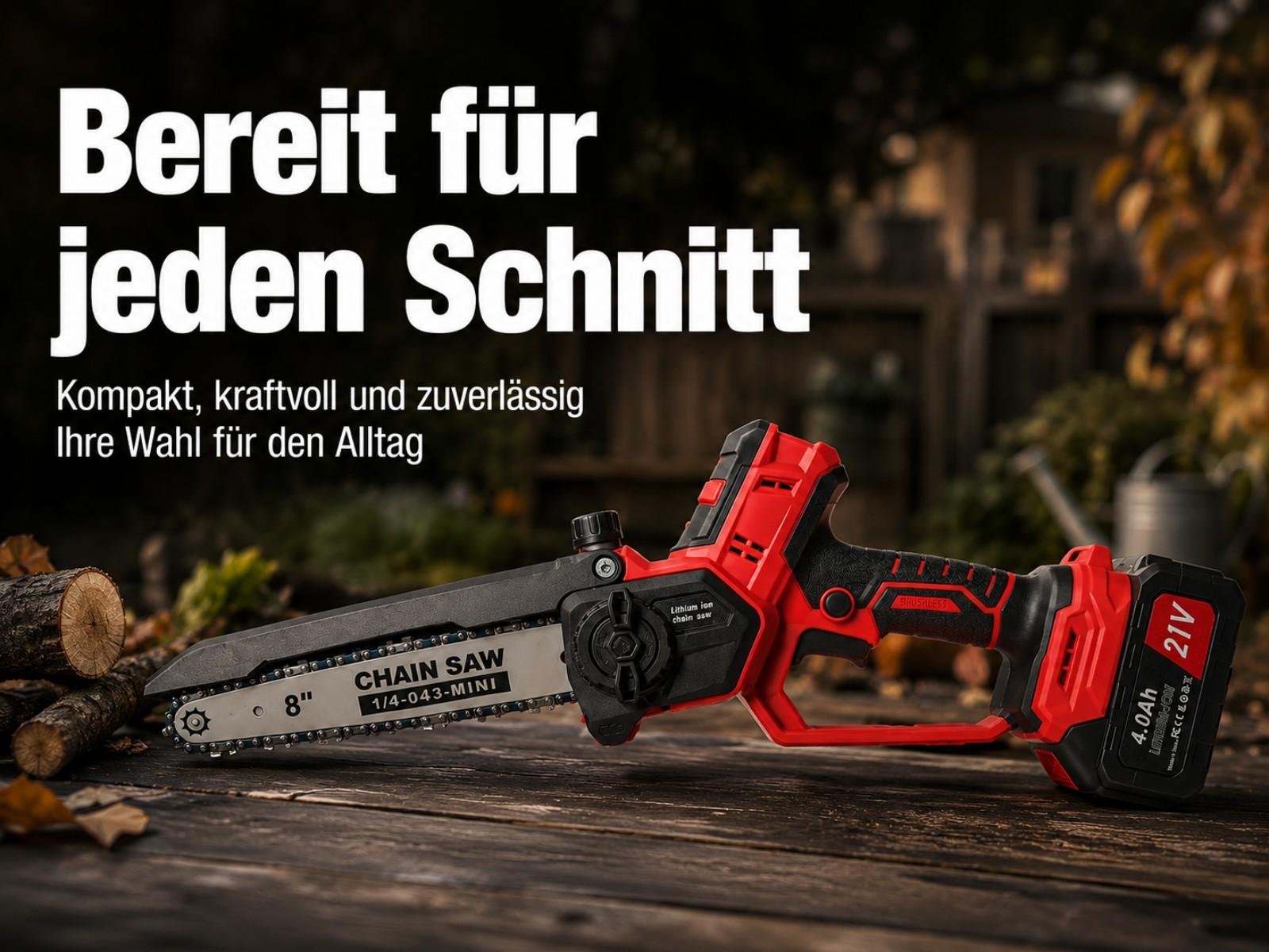 Eine rote und schwarze Kettensäge liegt auf einem Holztisch neben Holzscheiten.