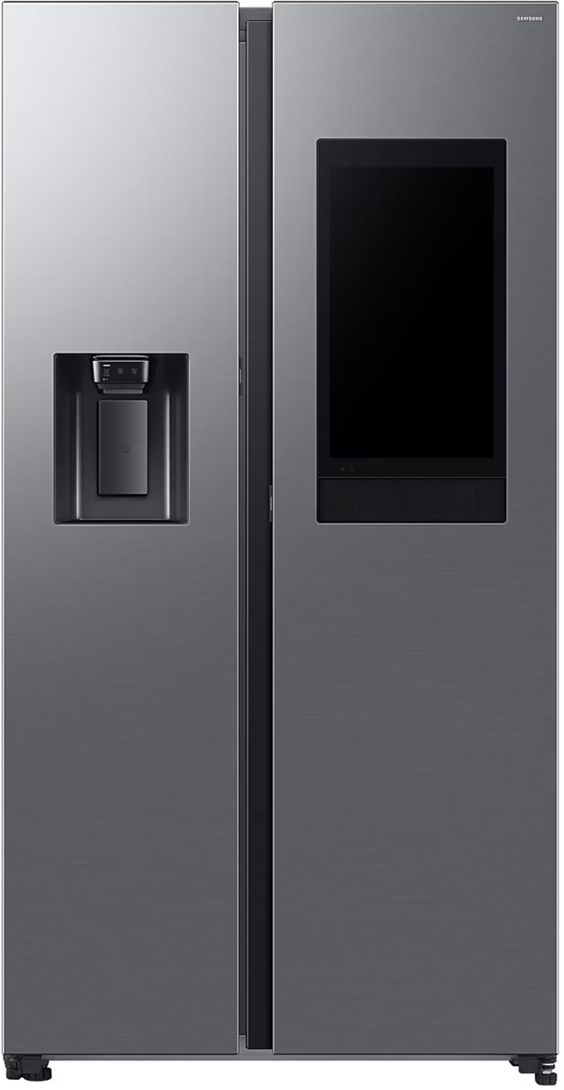 Ein moderner, grauer Samsung-Kühlschrank mit Wasserspender und großem Bildschirm.