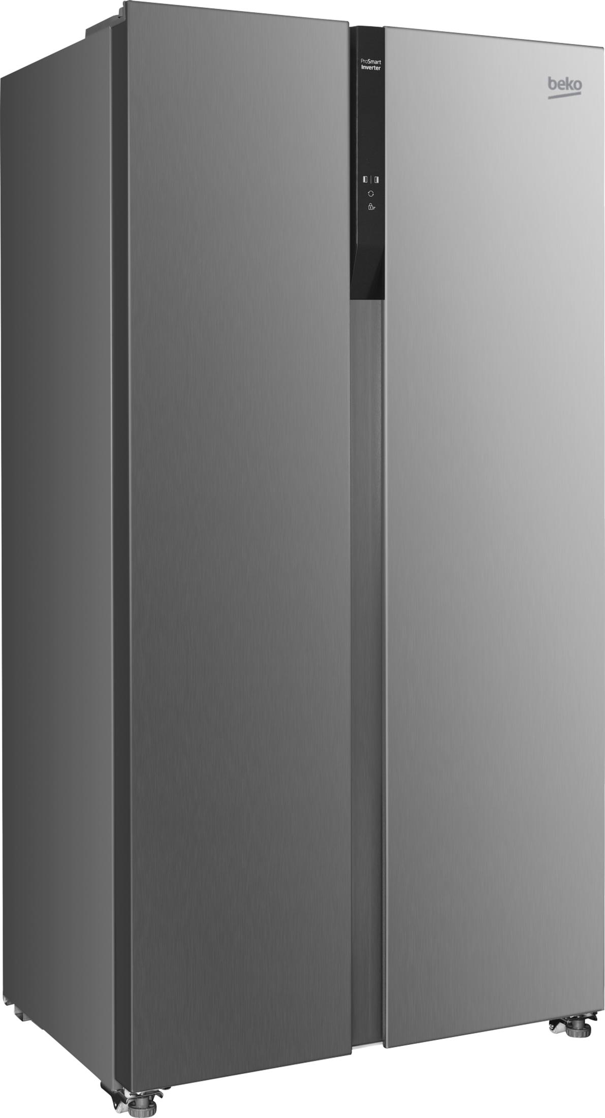 Ein silberner Beko Kühlschrank mit zwei Türen und digitaler Anzeige.