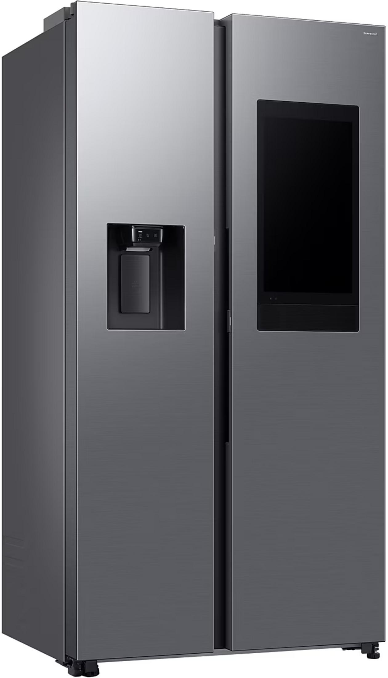 Ein silberner Kühlschrank mit zwei Türen, Wasserspender und Touchscreen.