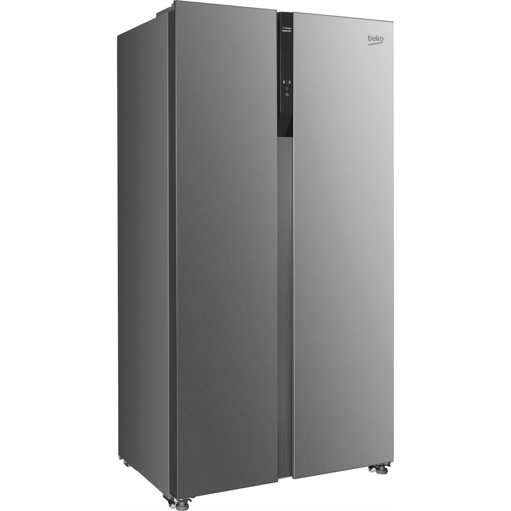 Ein silberner Side-by-Side-Kühlschrank von Beko mit schwarzer Steuereinheit.