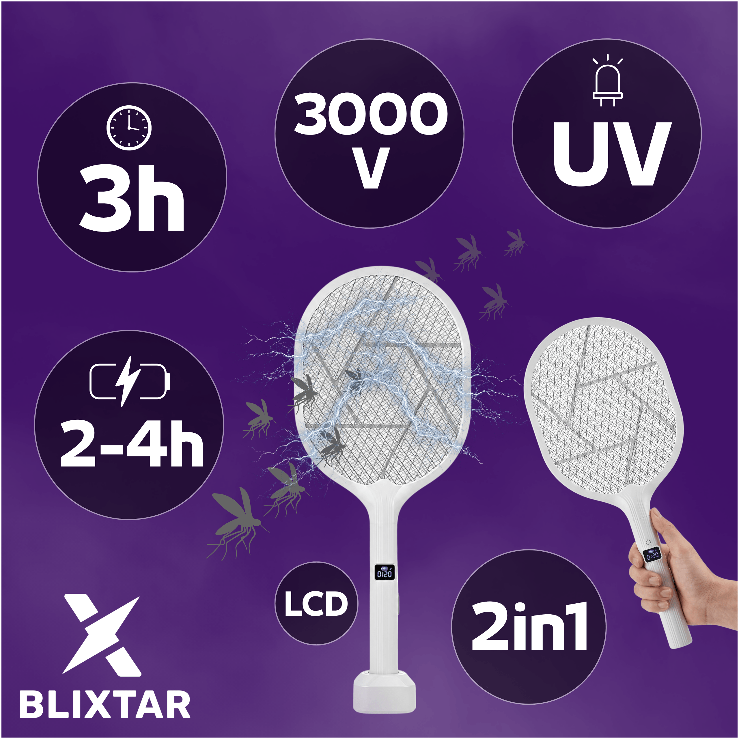 Biała packa na muchy z LCD, światłem UV, 3000V, baterią 3h, funkcją 2w1.
