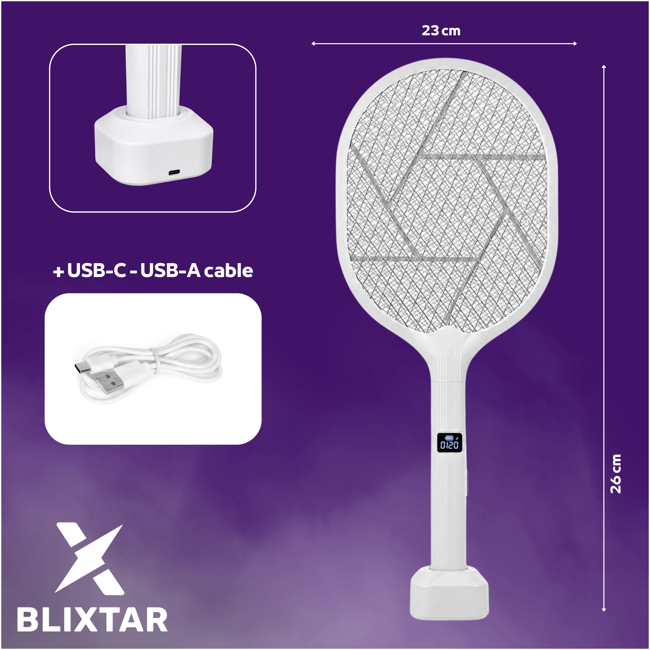 Biała packa na muchy z wyświetlaczem, wymiary 23x26cm, kabel USB.