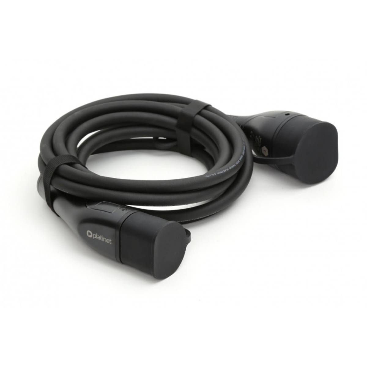 Un cavo di ricarica nero con due connettori, arrotolato con cinturino in velcro.