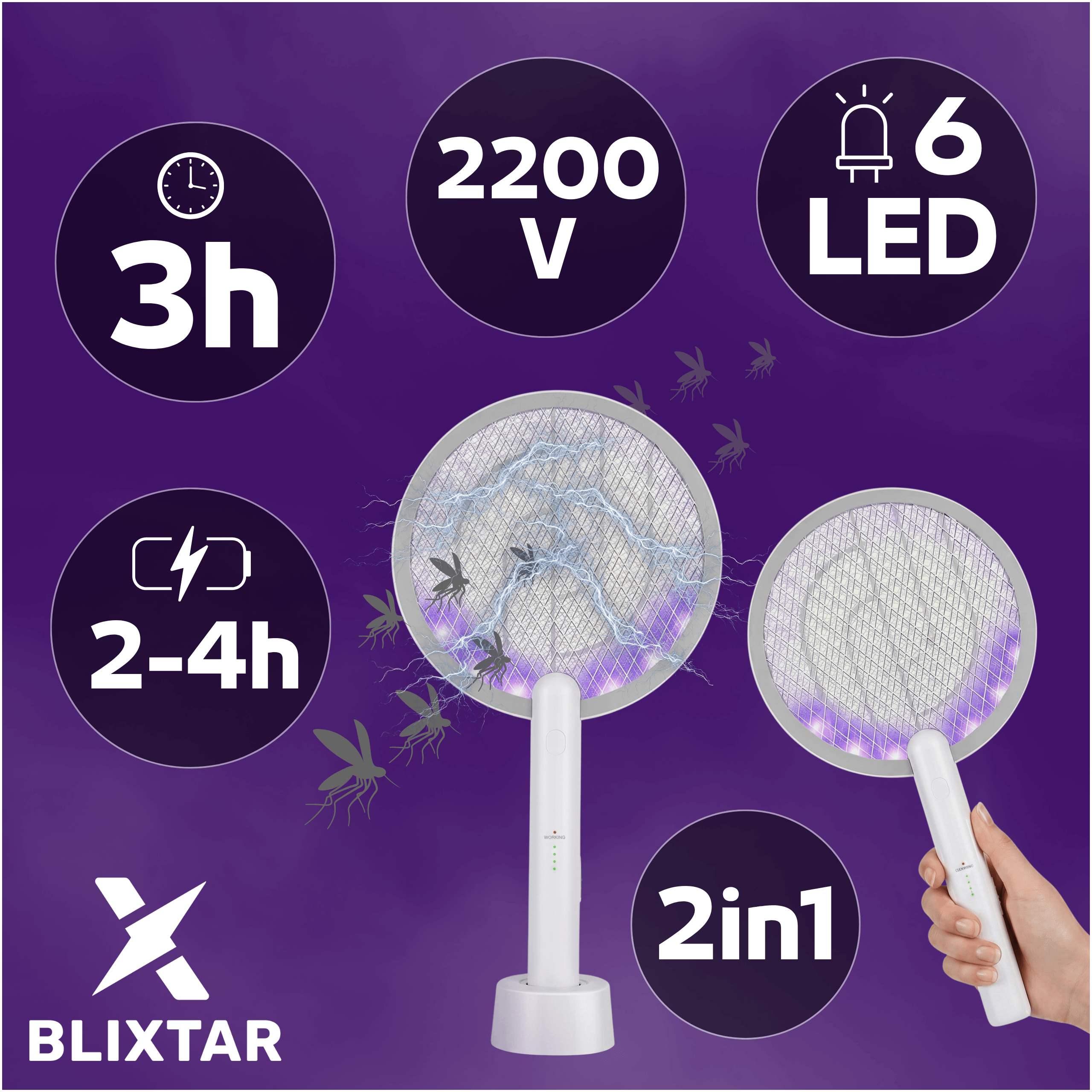 Elektrische Fliegenklatsche mit 2200V, 6 LEDs, 3h/2-4h Akku und Blixtar-Logo.