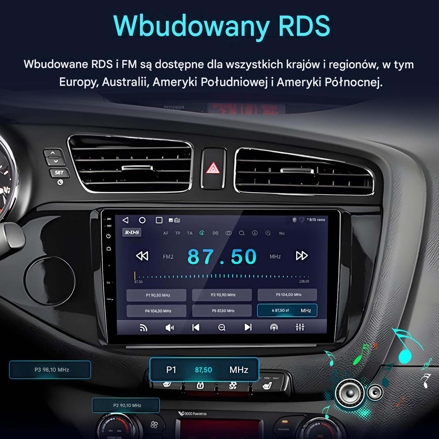 System Infotainment samochodu wyświetlający radio RDS i FM, pokazujący stacje i częstotliwości.