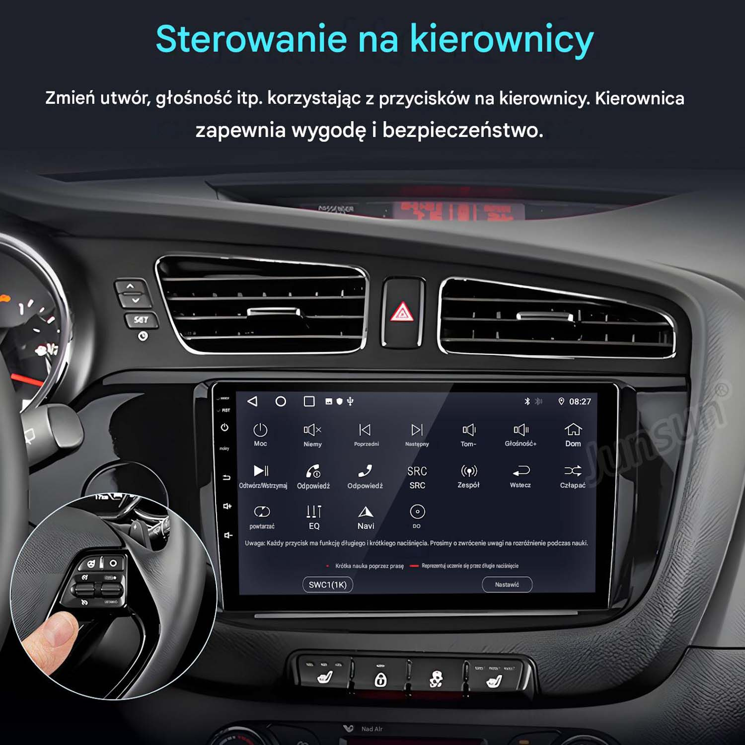 Palec naciska przyciski kierownicy, wyświetlane na dużym ekranie samochodu.