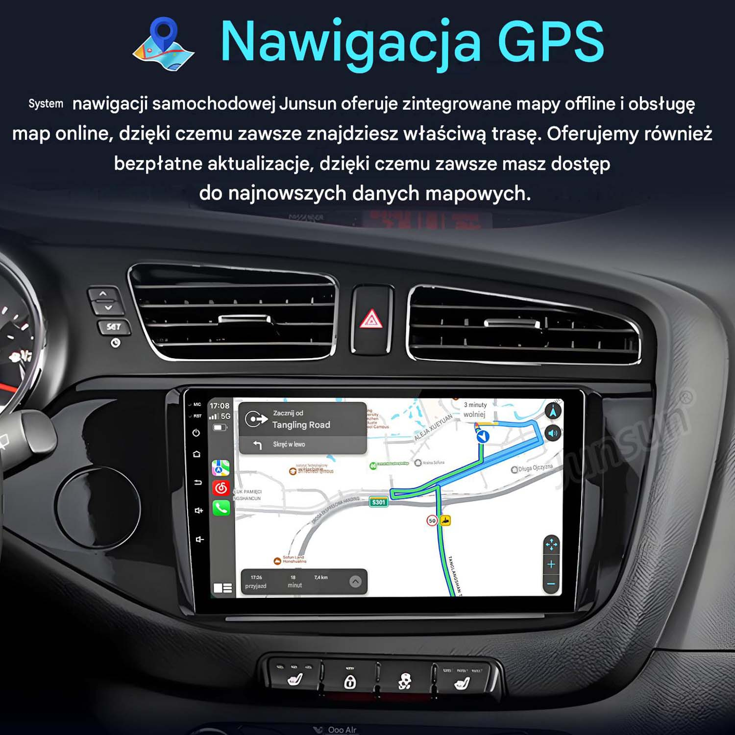 Samochodowy system nawigacji pokazuje mapę z trasą i wskazówkami jazdy.