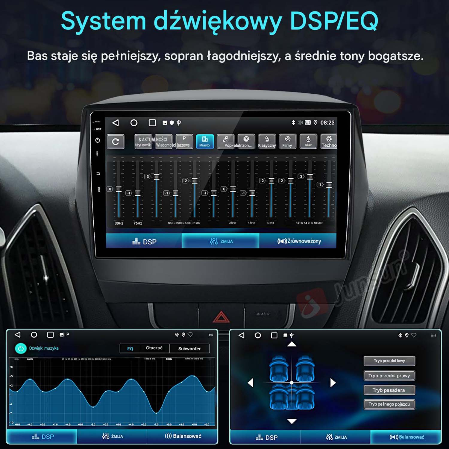 Radio samochodowe wyświetlające ustawienia DSP/EQ, krzywe korektora i konfiguracje głośników.