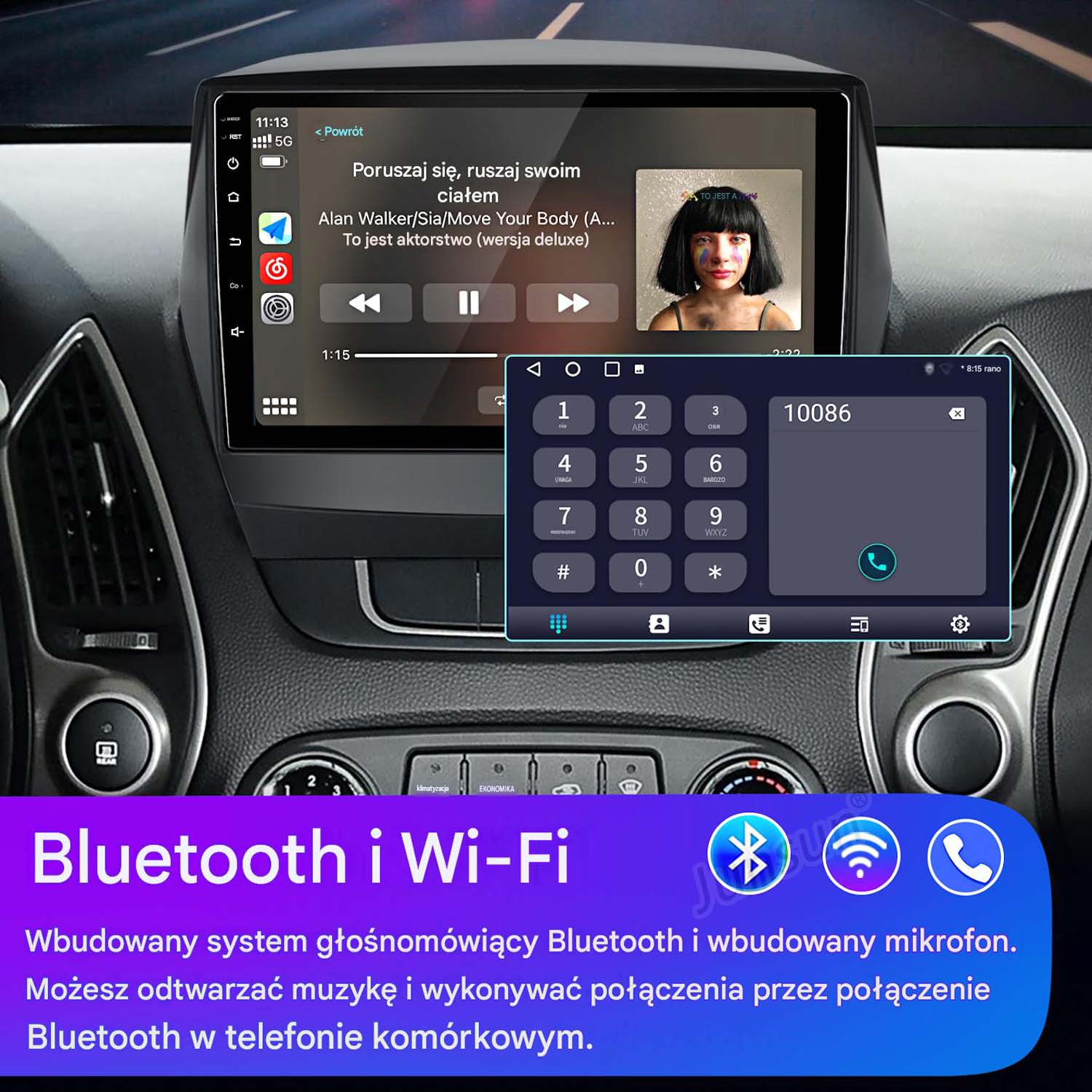 Ekran samochodowy z aplikacją muzyczną i wybieraniem numerów. Ikony BT/Wi-Fi.