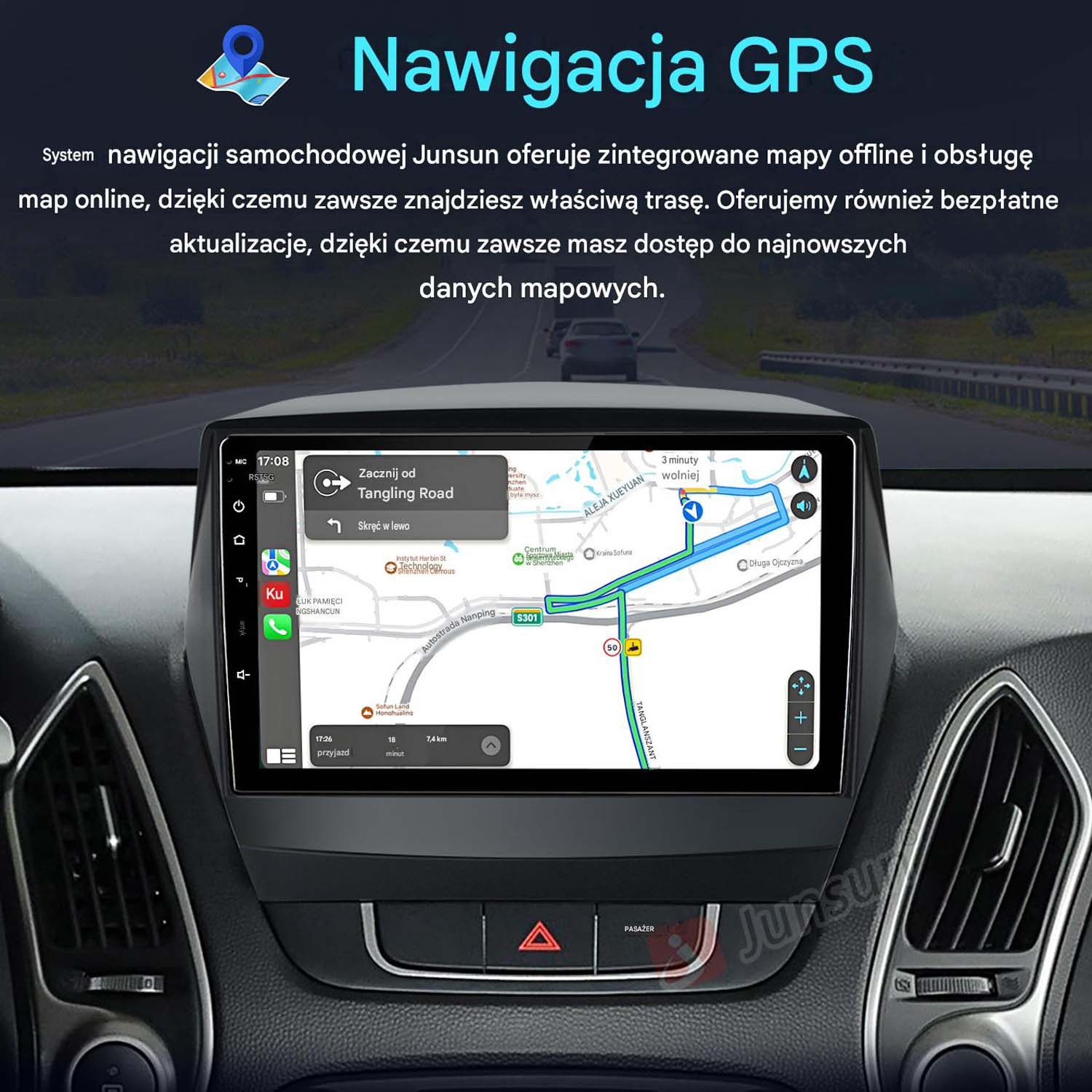 Samochodowy system nawigacji z mapą GPS wyświetla trasę na ekranie.