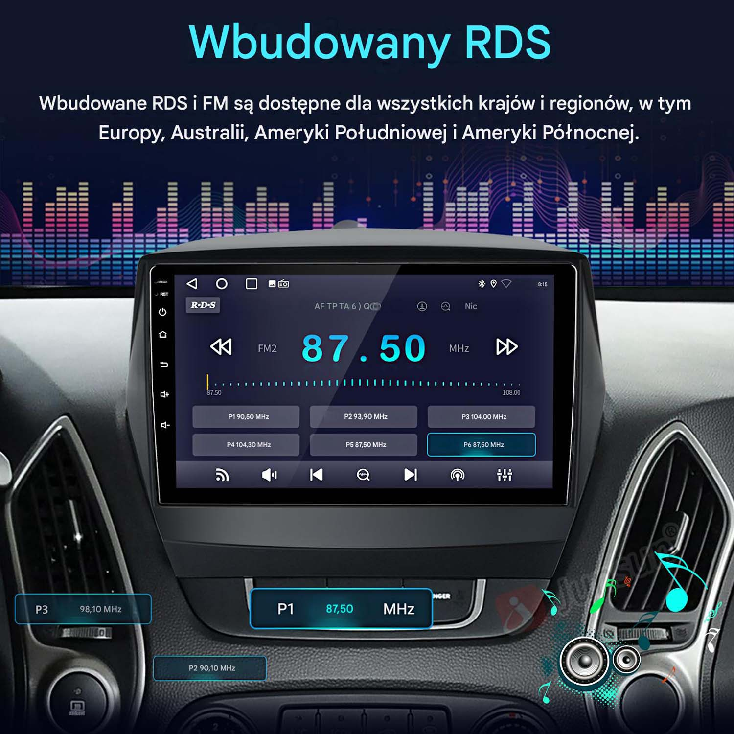 Ekran radia samochodowego pokazuje częstotliwości RDS i FM, w tym 87,50 MHz.