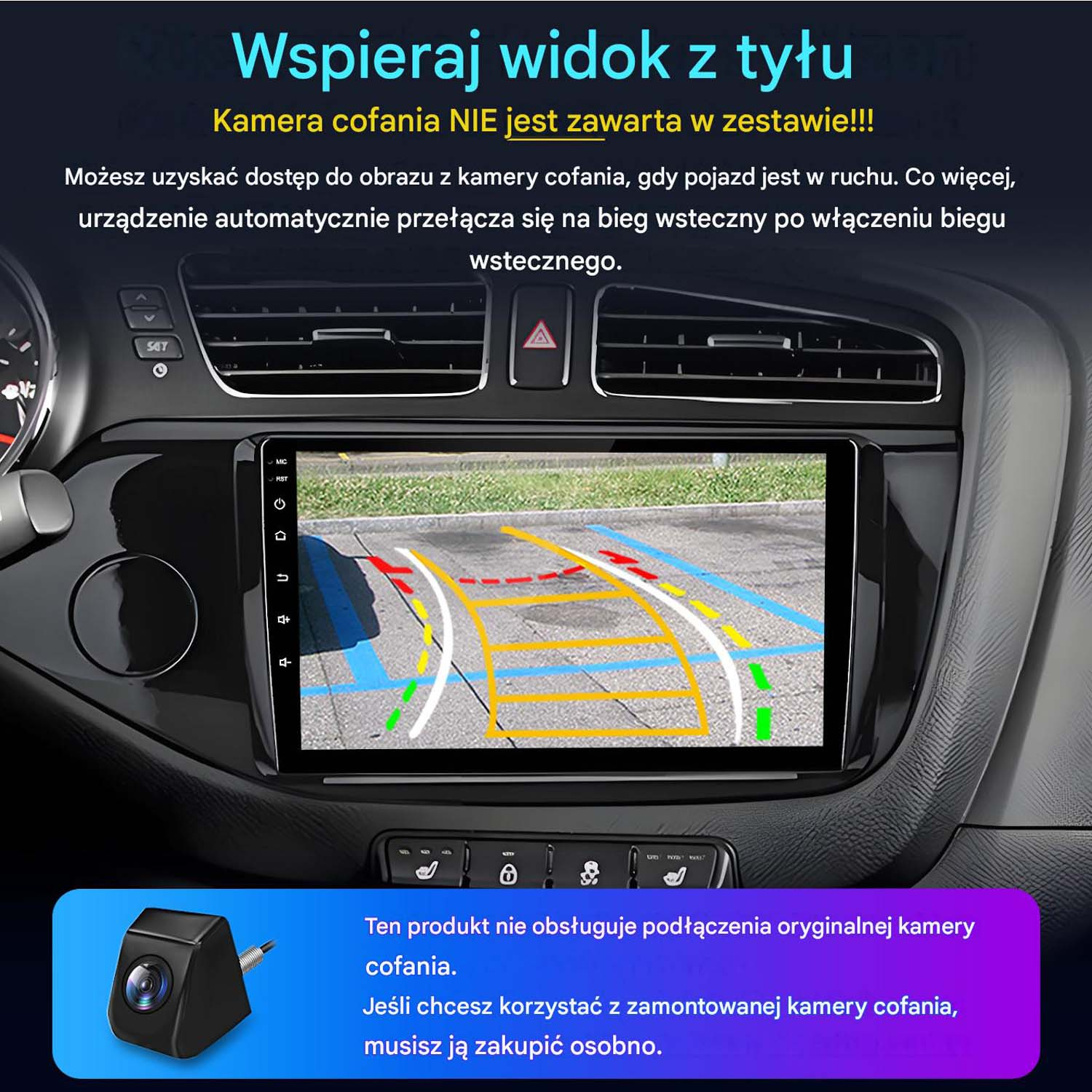 Wnętrze samochodu z wyświetlaczem kamery cofania i osobną kamerą.